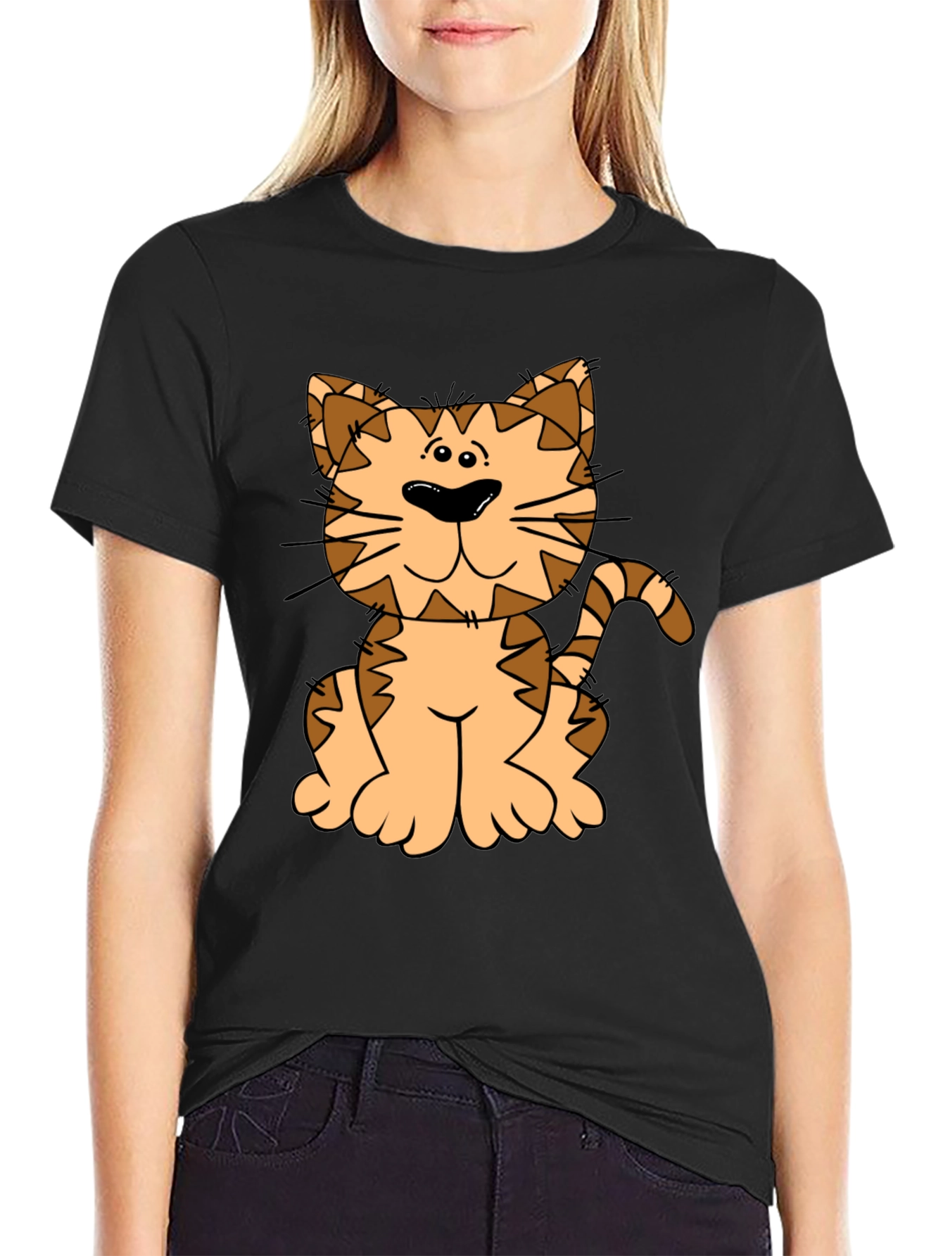 Cute Cartoon Cat Graphic Tee - Black Cotton Shirt