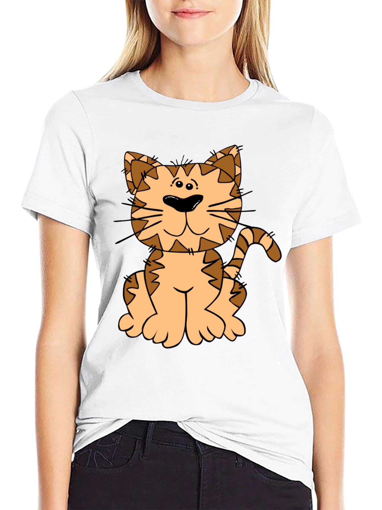 Cute Cartoon Cat Graphic Tee - Black Cotton Shirt