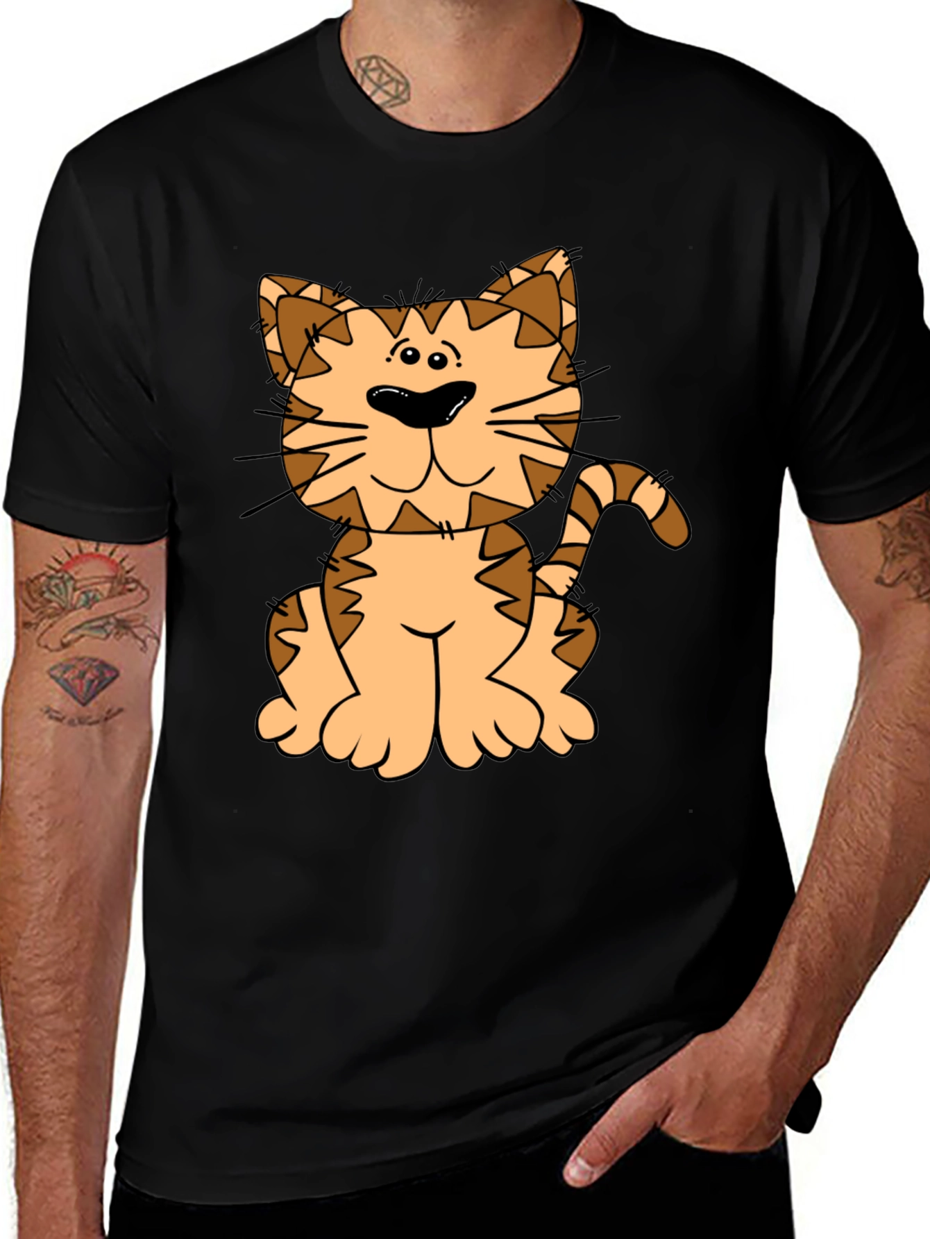 Cute Cartoon Cat Graphic Tee - Black Cotton Shirt
