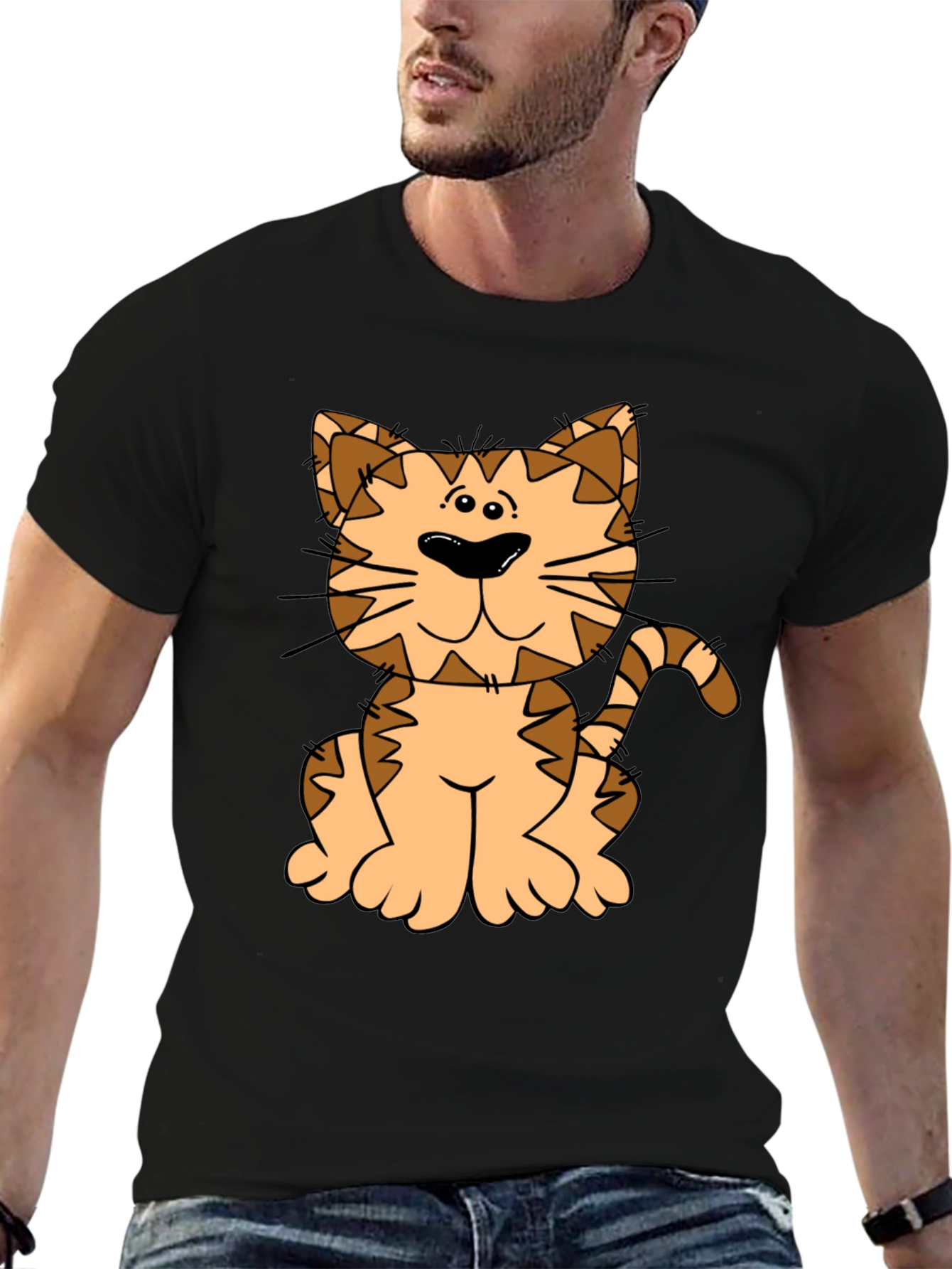 Cute Cartoon Cat Graphic Tee - Black Cotton Shirt