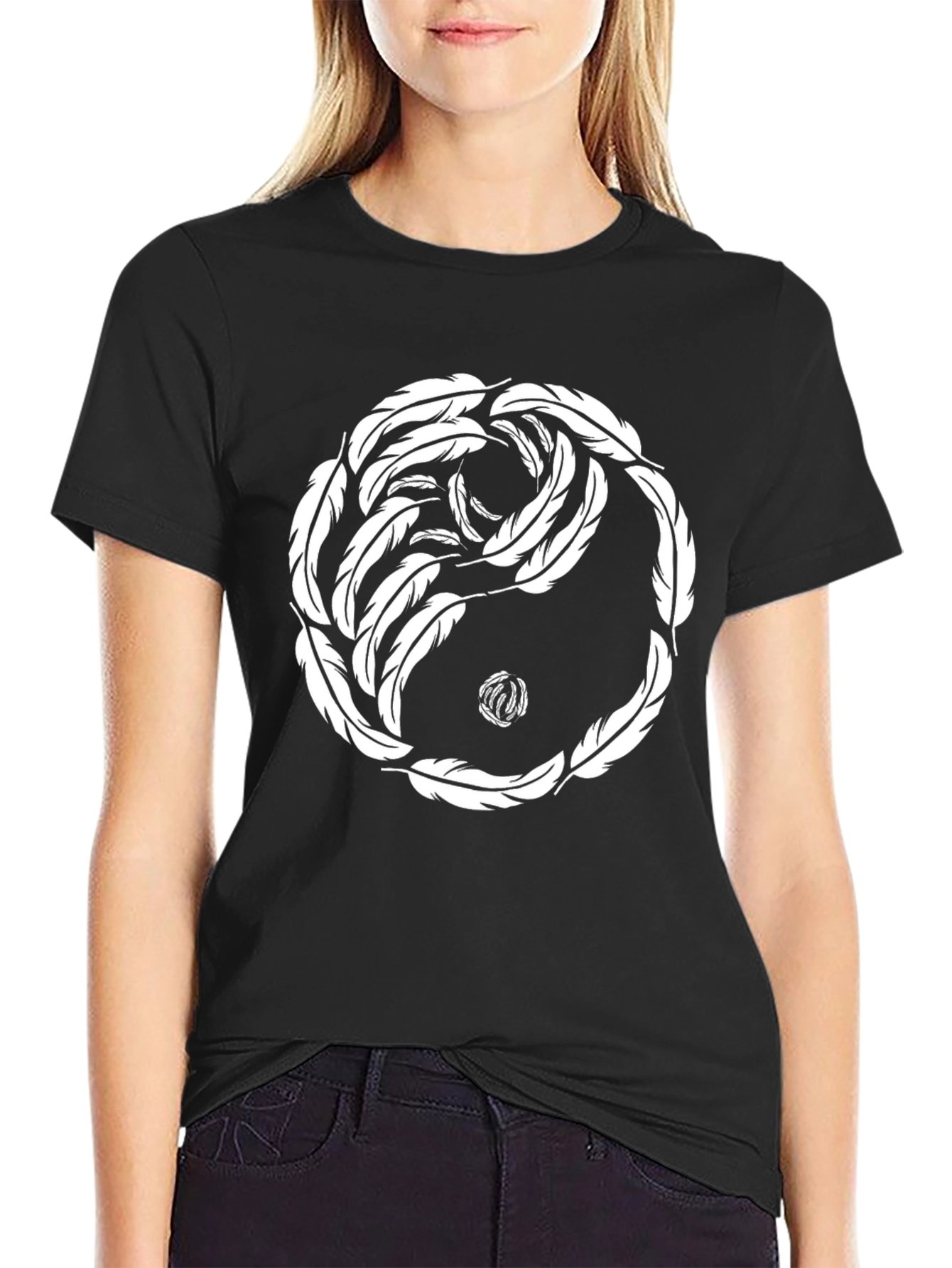 Yin Yang Feather T-Shirt - Black