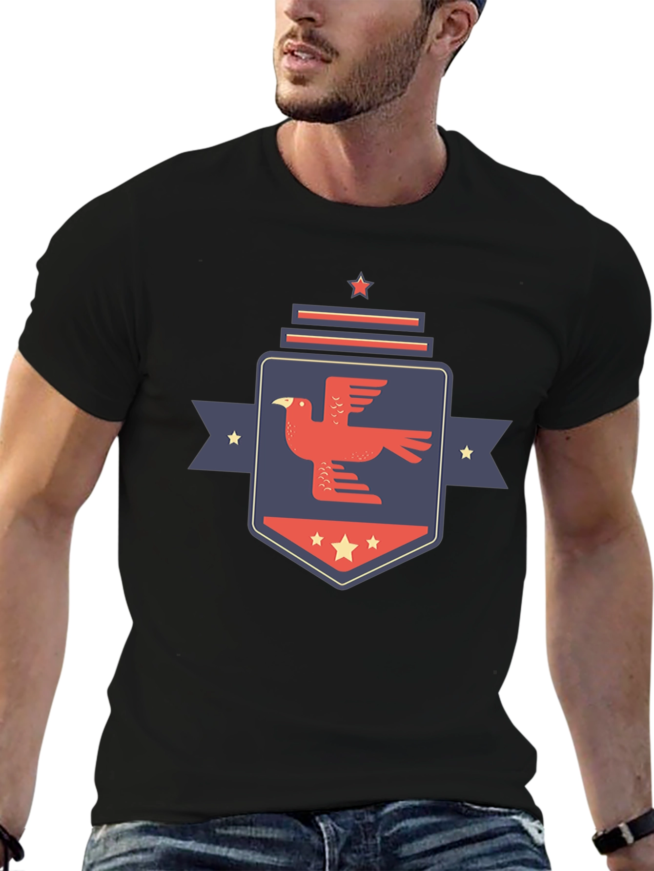 Graphic Bird Print Mens Black T-Shirt