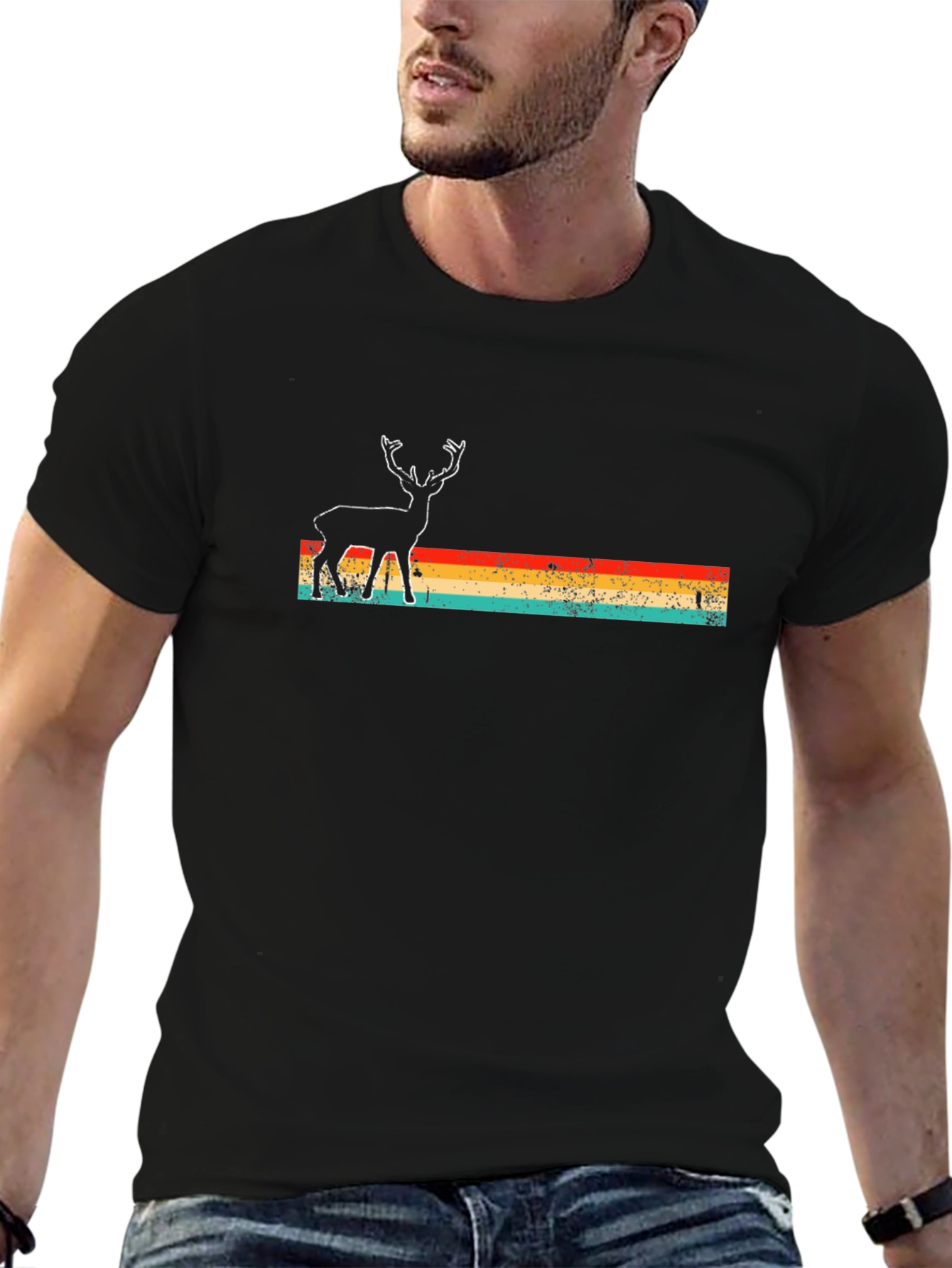 Retro Deer Graphic Tee - Black Crew Neck T-Shirt