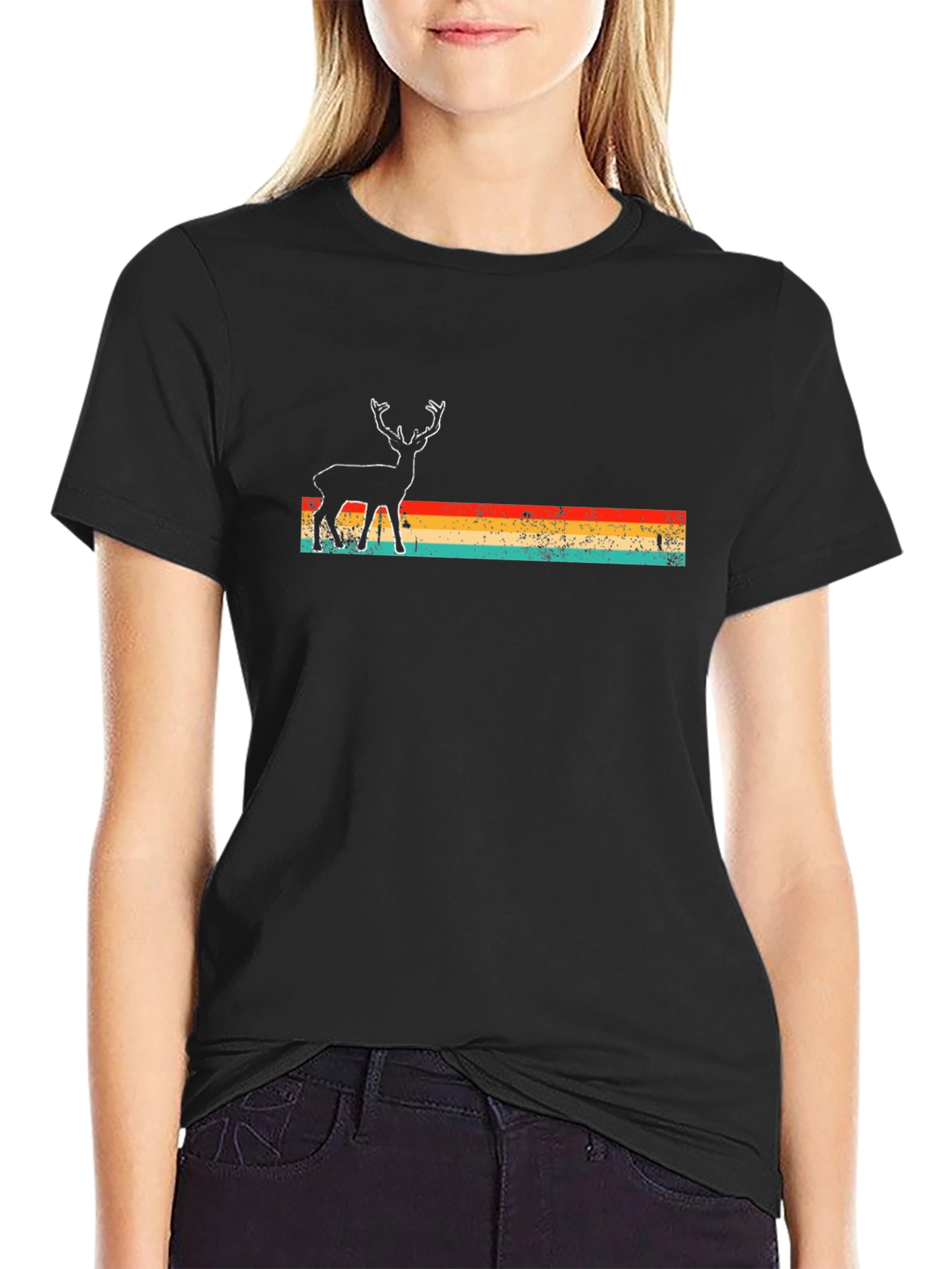 Retro Deer Graphic Tee - Black Crew Neck T-Shirt