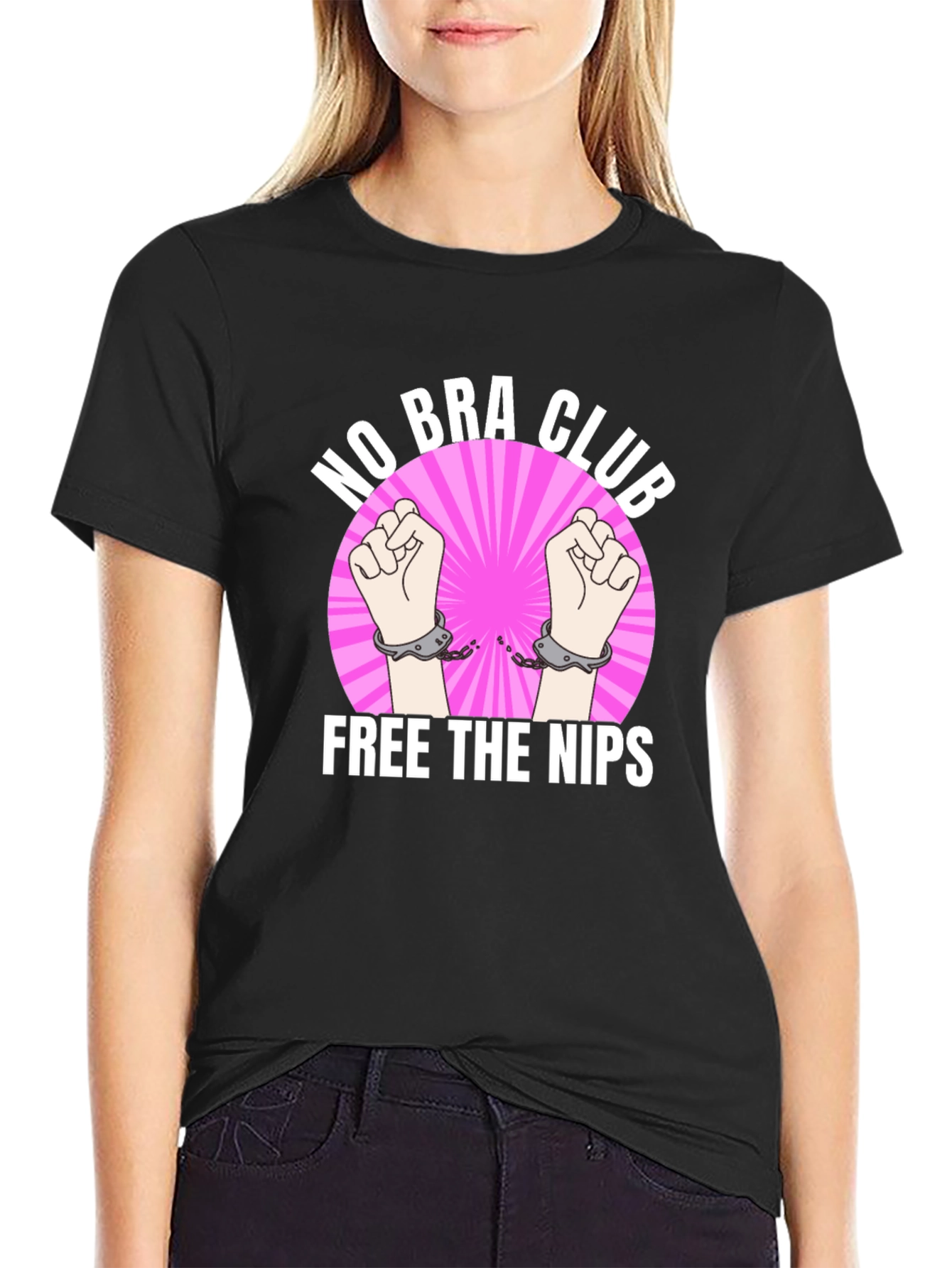 No Bra Club: Free the Nips Black Graphic T-Shirt