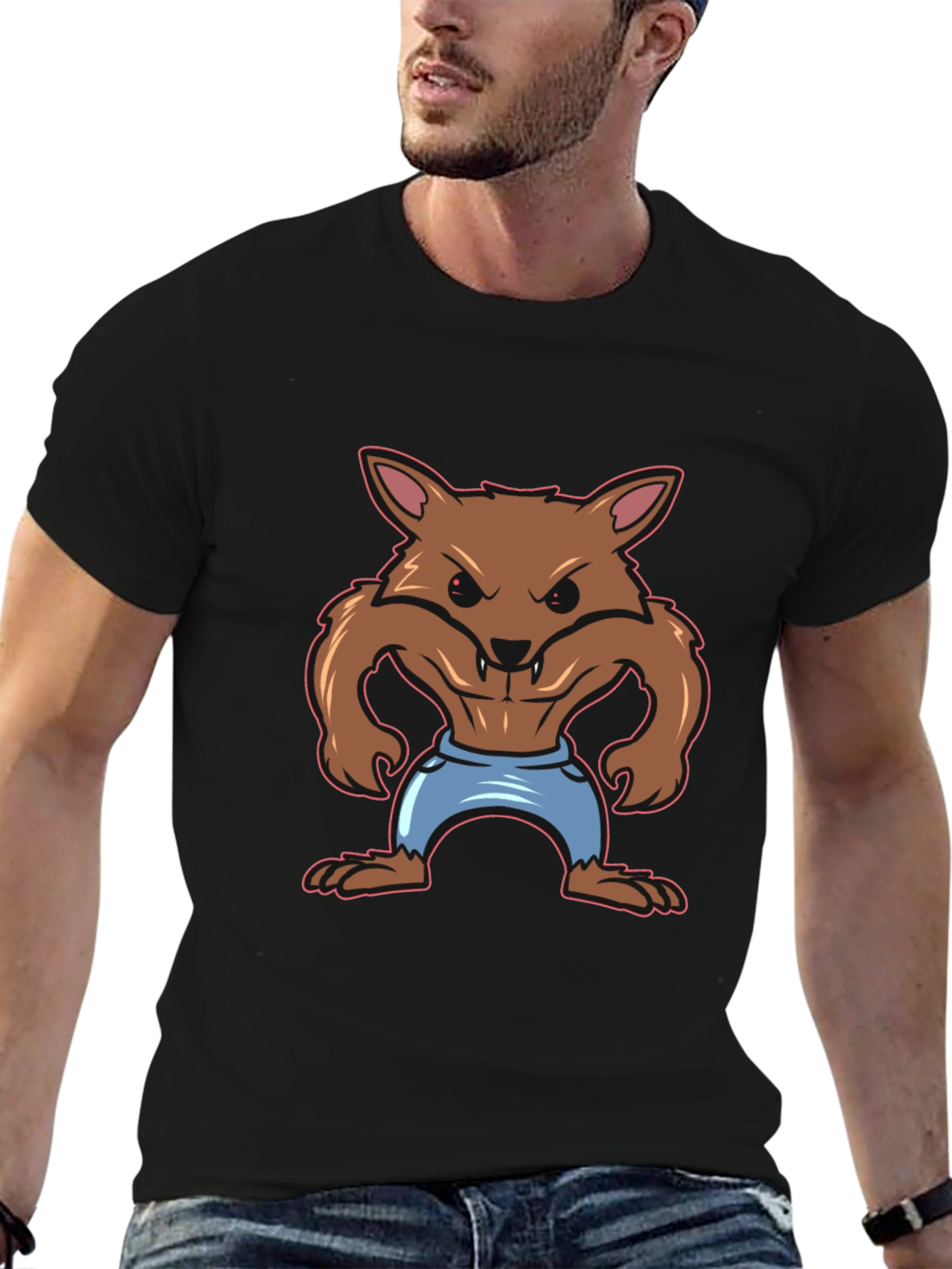 Cartoon Werewolf Graphic Tee - Black T-Shirt