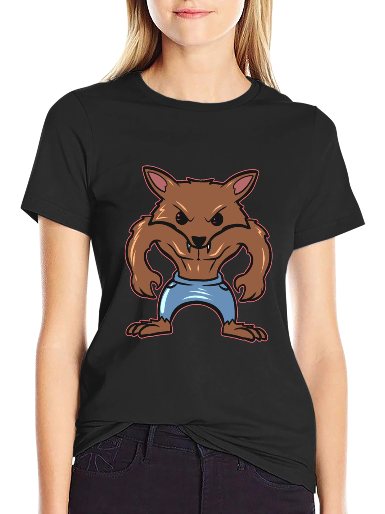 Cartoon Werewolf Graphic Tee - Black T-Shirt