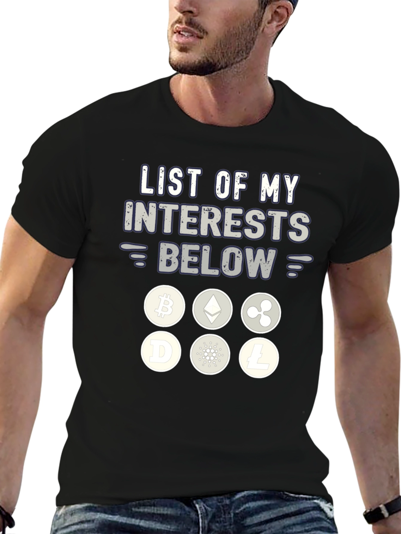 Crypto Interests T-Shirt Bitcoin Ethereum Ripple Litecoin