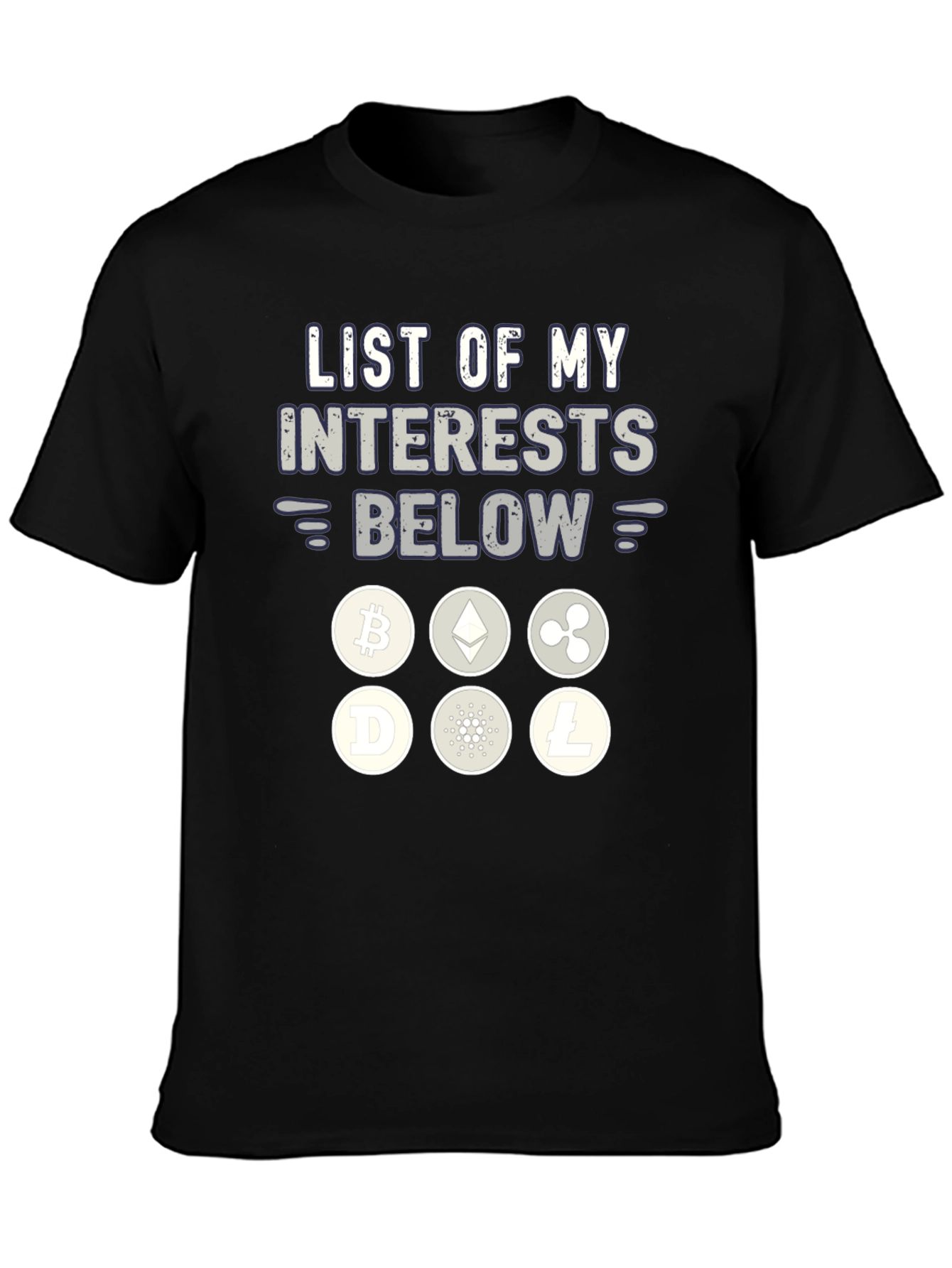 Crypto Interests T-Shirt Bitcoin Ethereum Ripple Litecoin