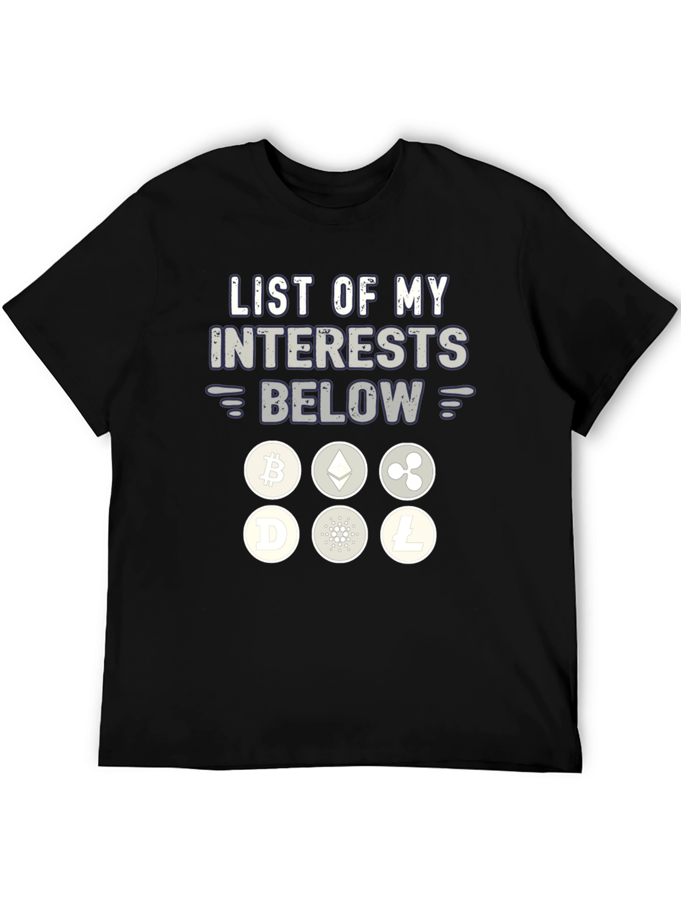 Crypto Interests T-Shirt Bitcoin Ethereum Ripple Litecoin