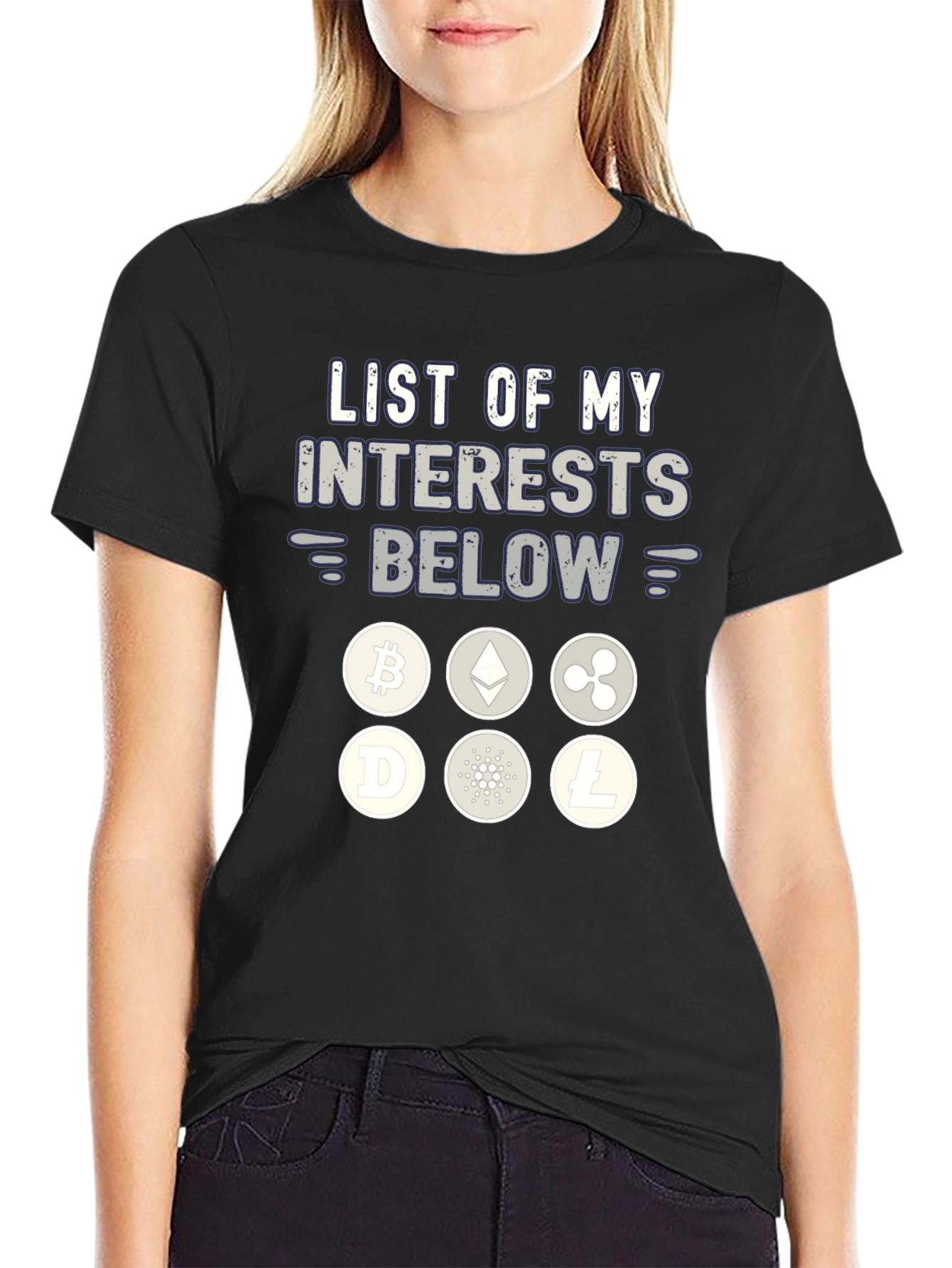 Crypto Interests T-Shirt Bitcoin Ethereum Ripple Litecoin