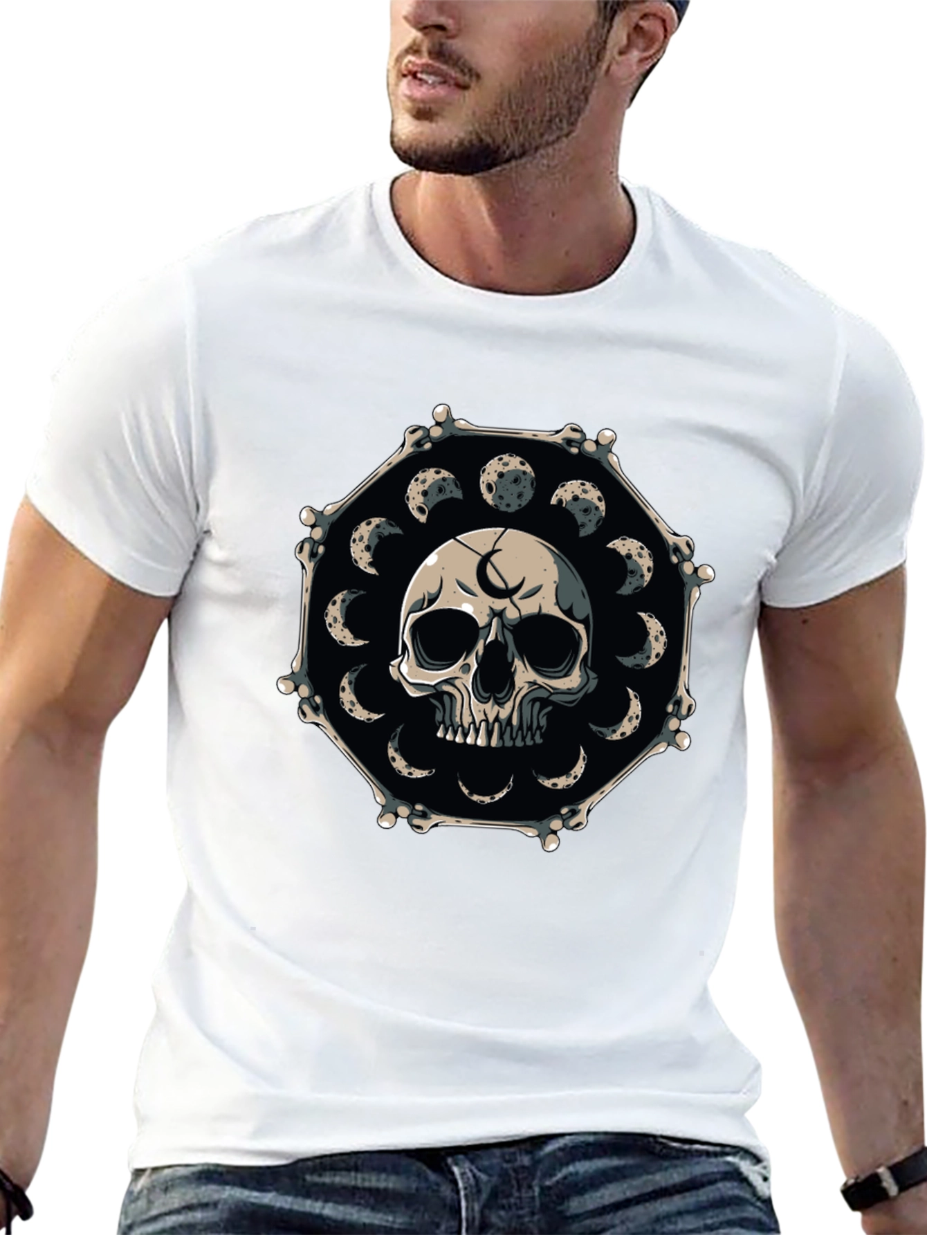 Skull & Moon Phases Graphic Tee - Black
