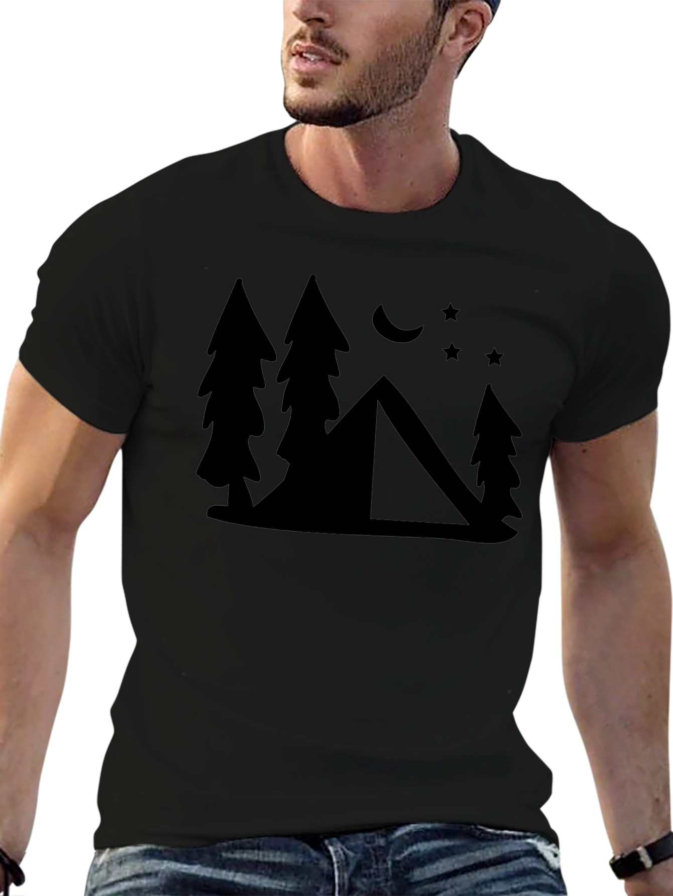 Camping Scene Graphic Tee - Black Cotton