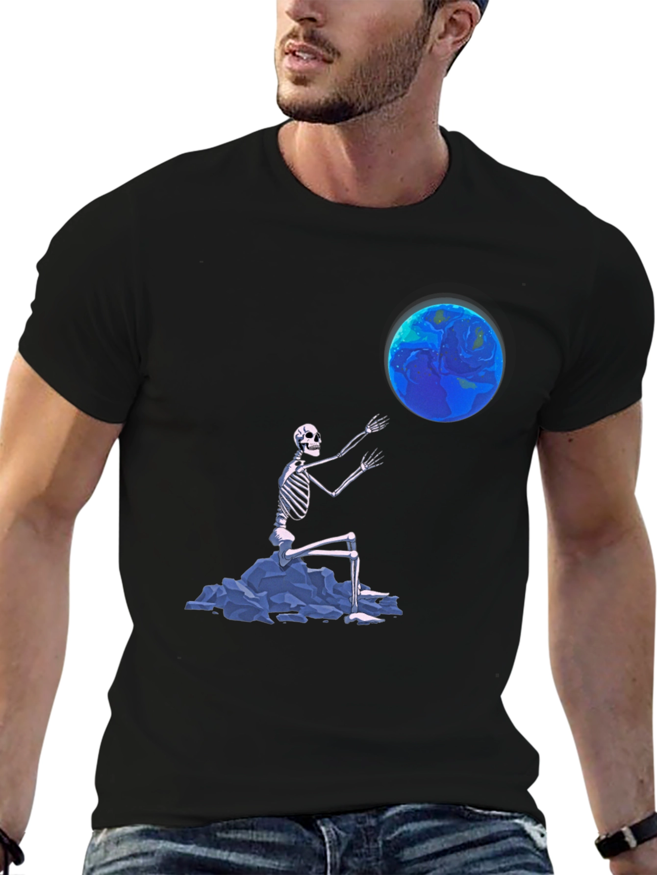 Skeleton Touching Earth Graphic Tee - Black