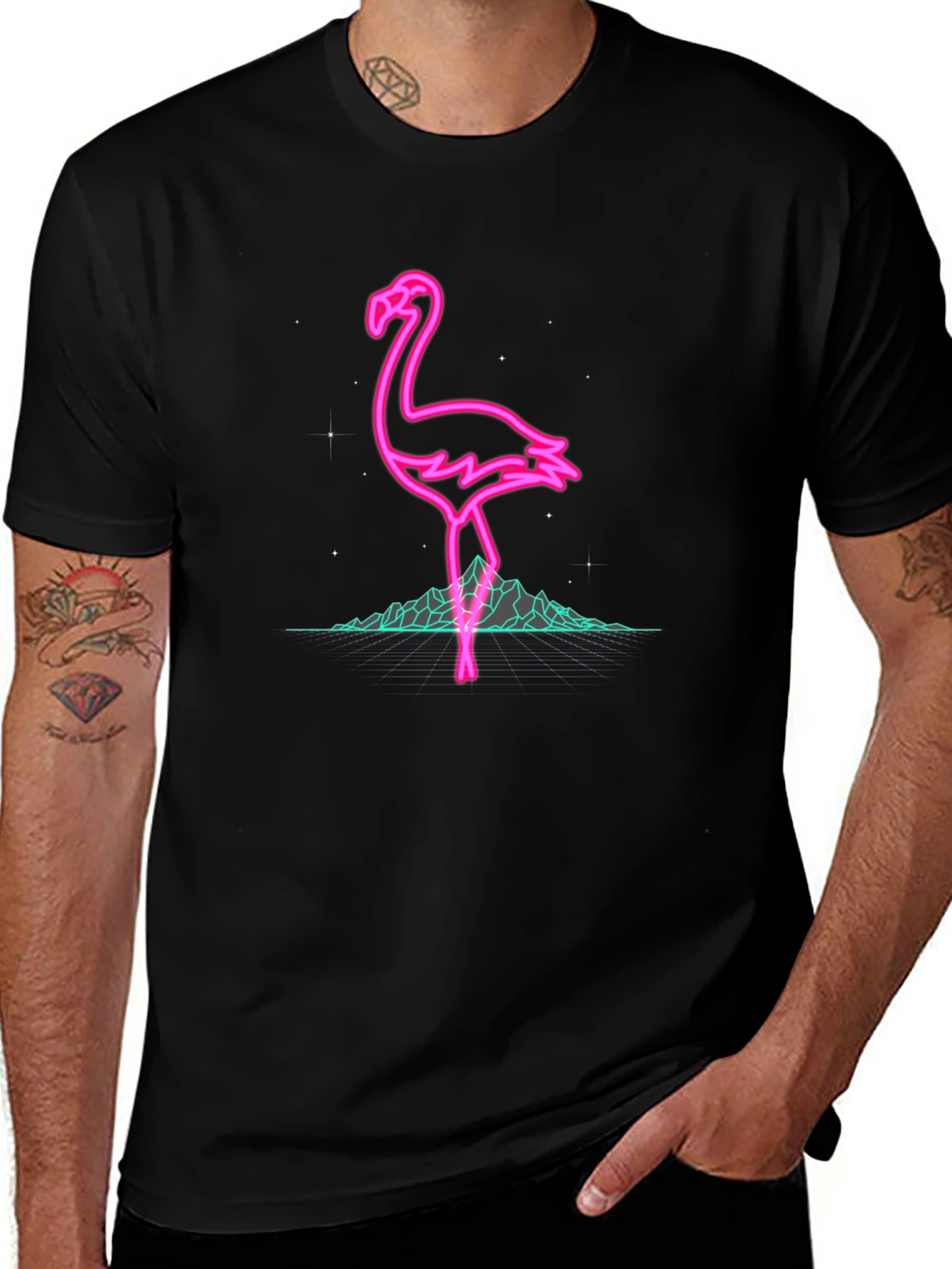Neon Flamingo Graphic Black T-Shirt