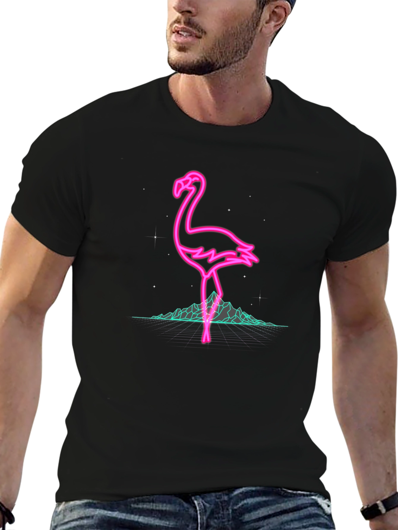 Neon Flamingo Graphic Black T-Shirt