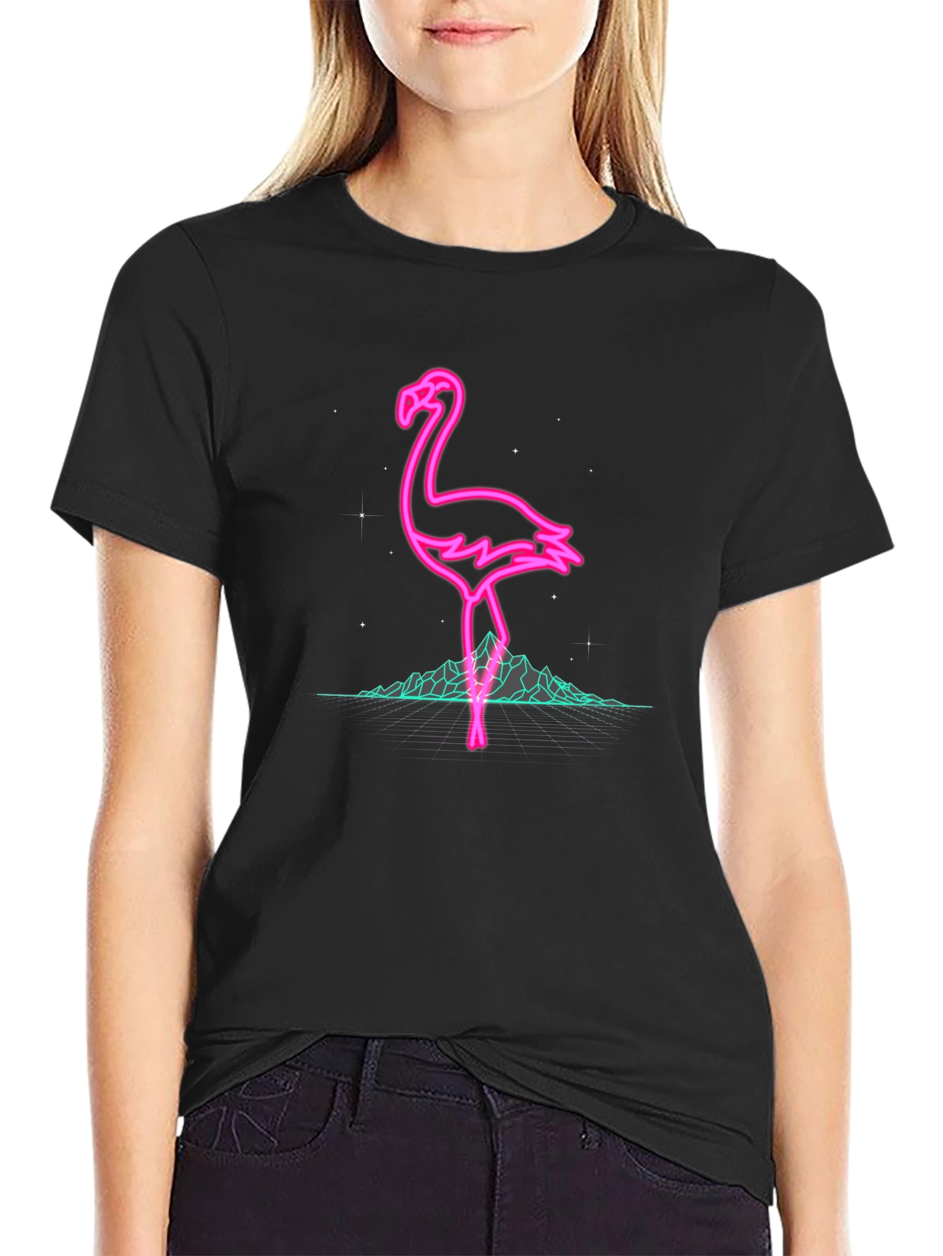 Neon Flamingo Graphic Black T-Shirt