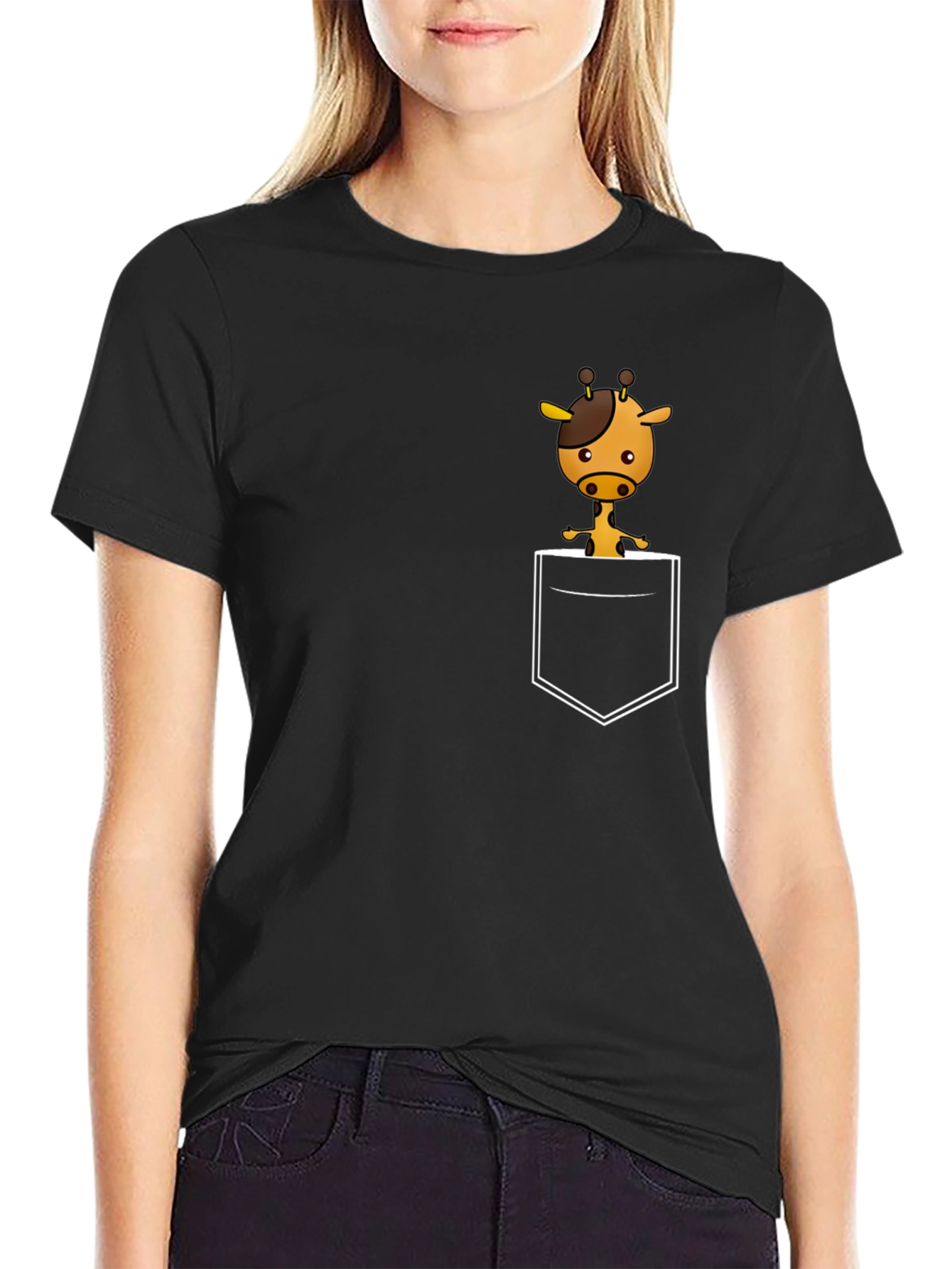 Giraffe Pocket Graphic Tee - Black Cotton Shirt