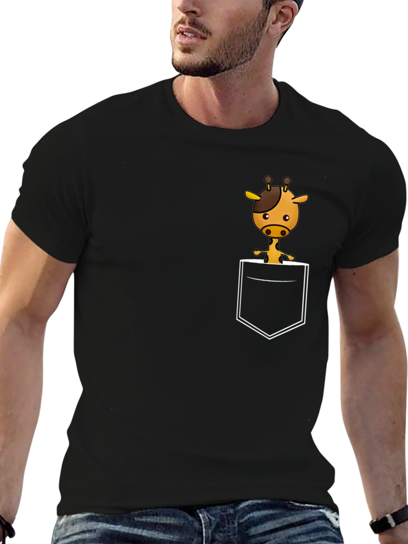 Giraffe Pocket Graphic Tee - Black Cotton Shirt