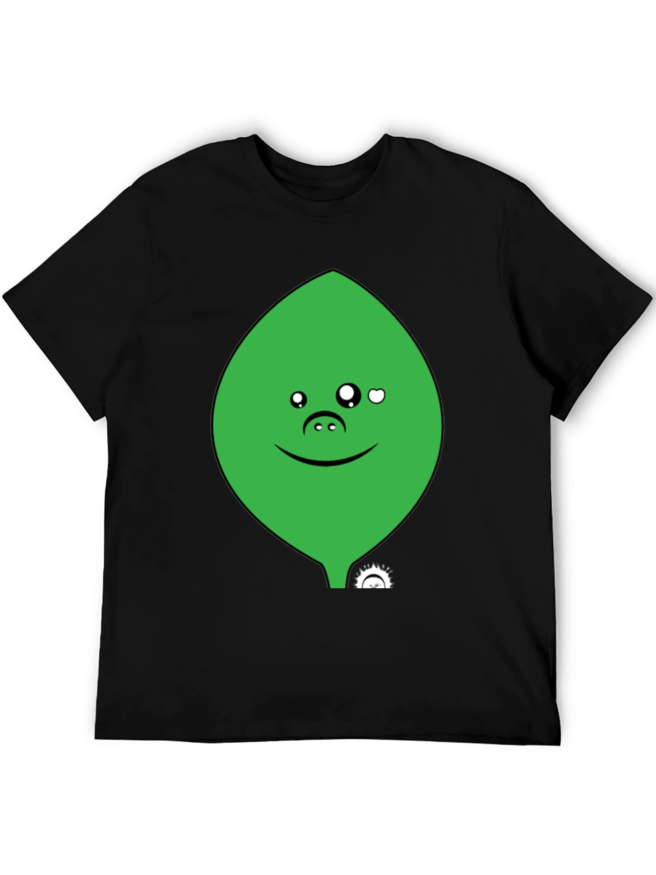 Cute Green Leaf Face Black T-Shirt