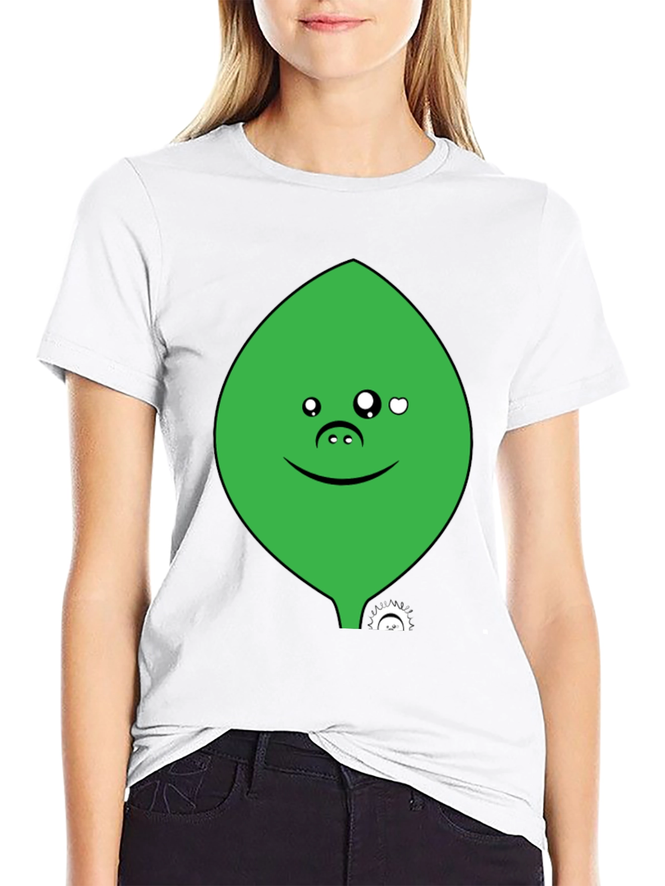 Cute Green Leaf Face Black T-Shirt