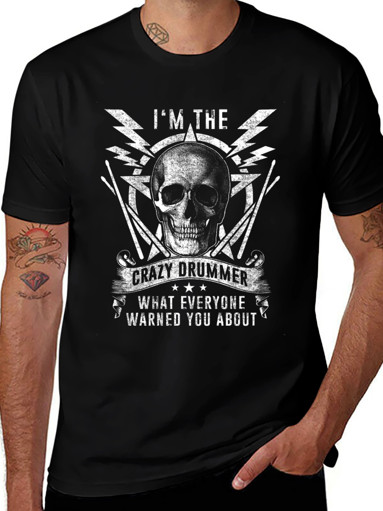 Crazy Drummer Skull Graphic T-Shirt