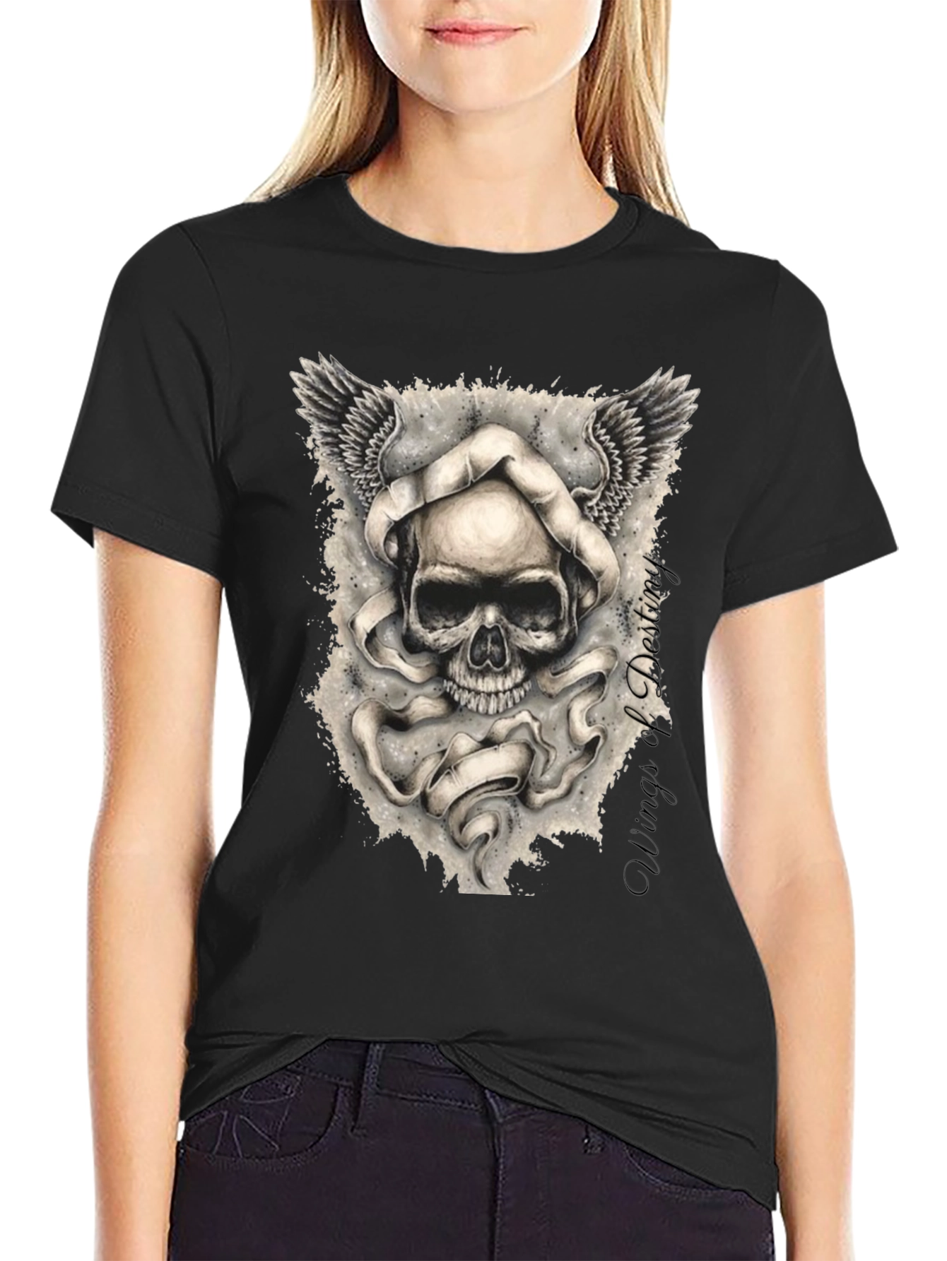 Grim Reaper Skull Winged Graphic Tee - Black