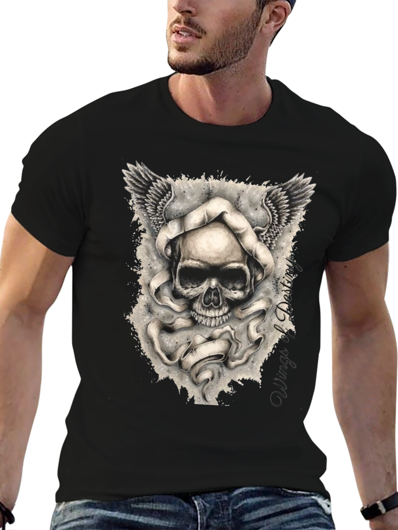 Grim Reaper Skull Winged Graphic Tee - Black