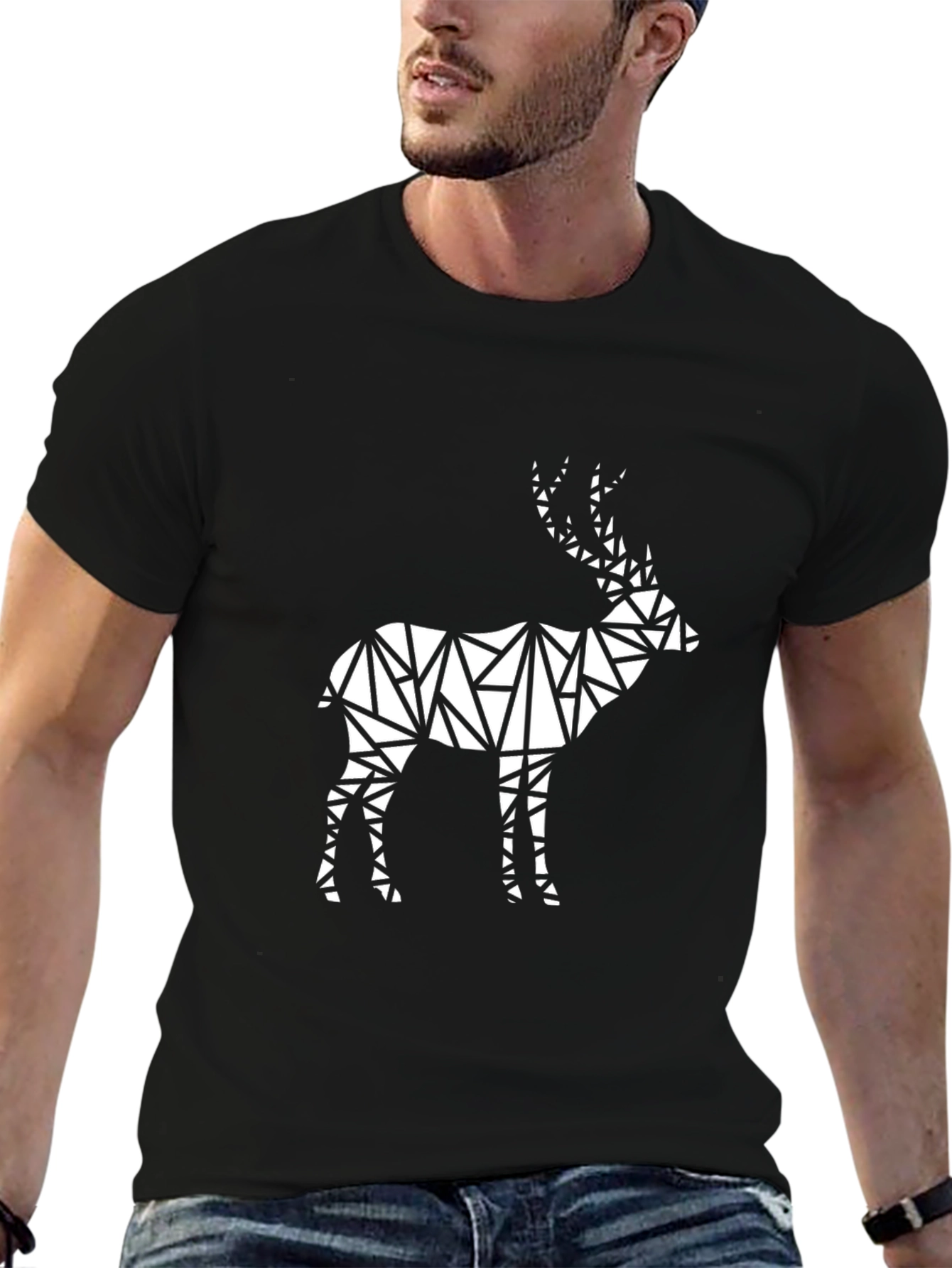Geometric Deer Graphic Tee - Modern Black T-Shirt