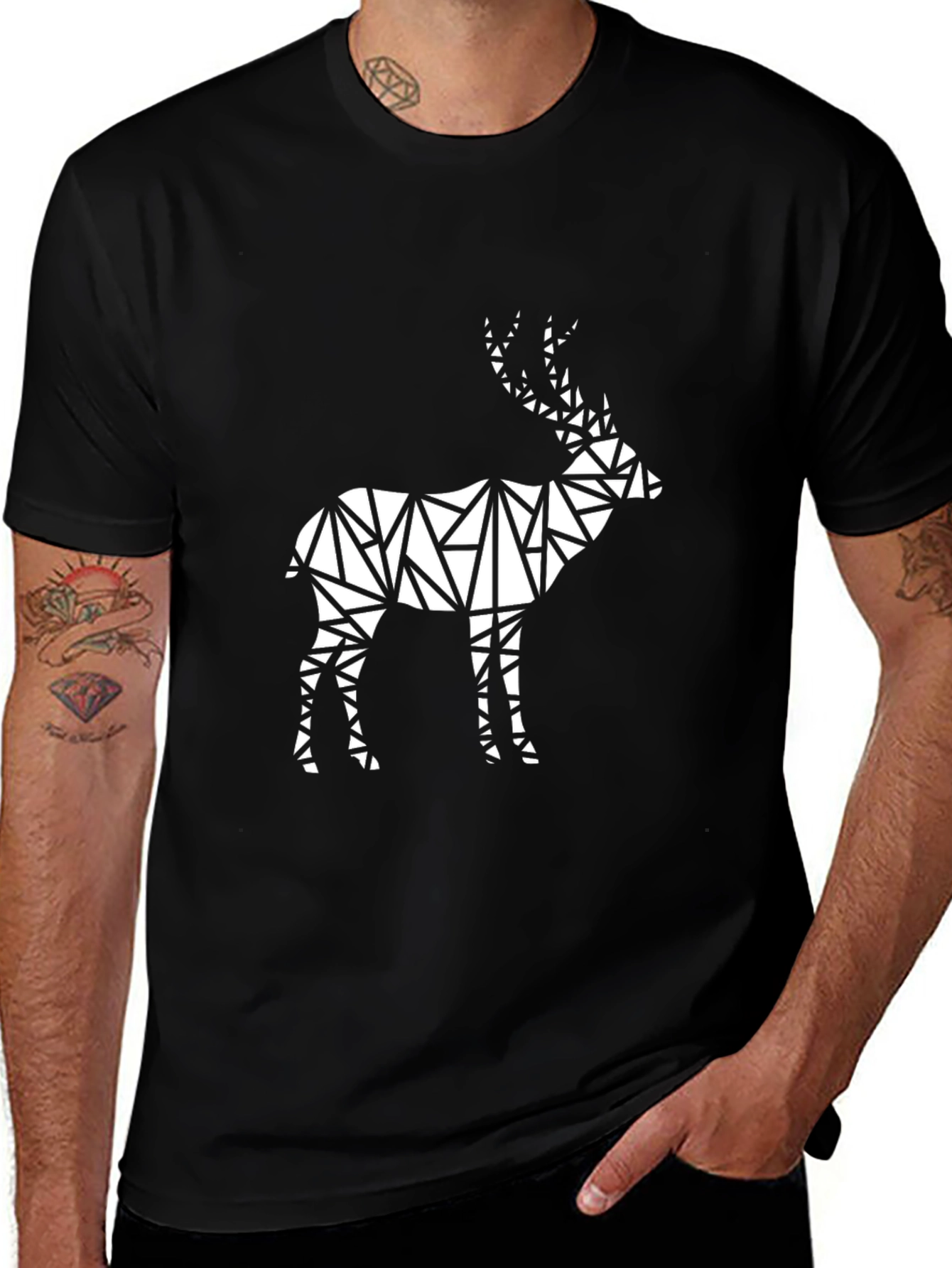Geometric Deer Graphic Tee - Modern Black T-Shirt