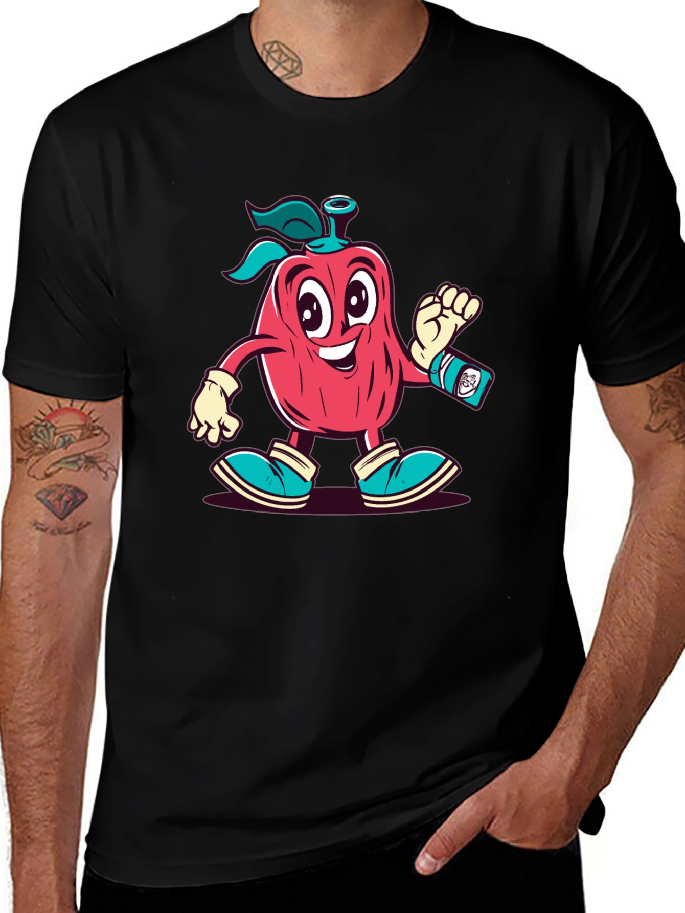 Cartoon Apple Character Black T-Shirt