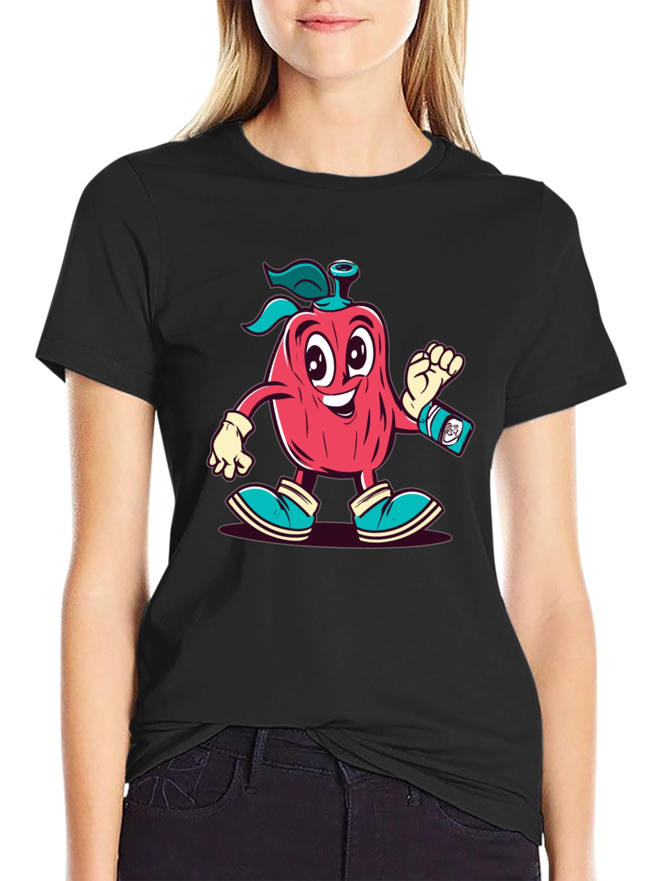 Cartoon Apple Character Black T-Shirt
