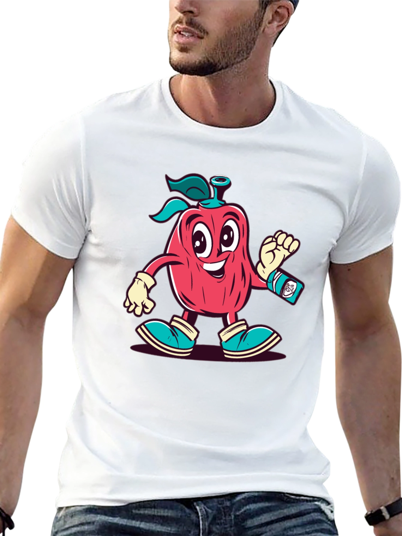 Cartoon Apple Character Black T-Shirt