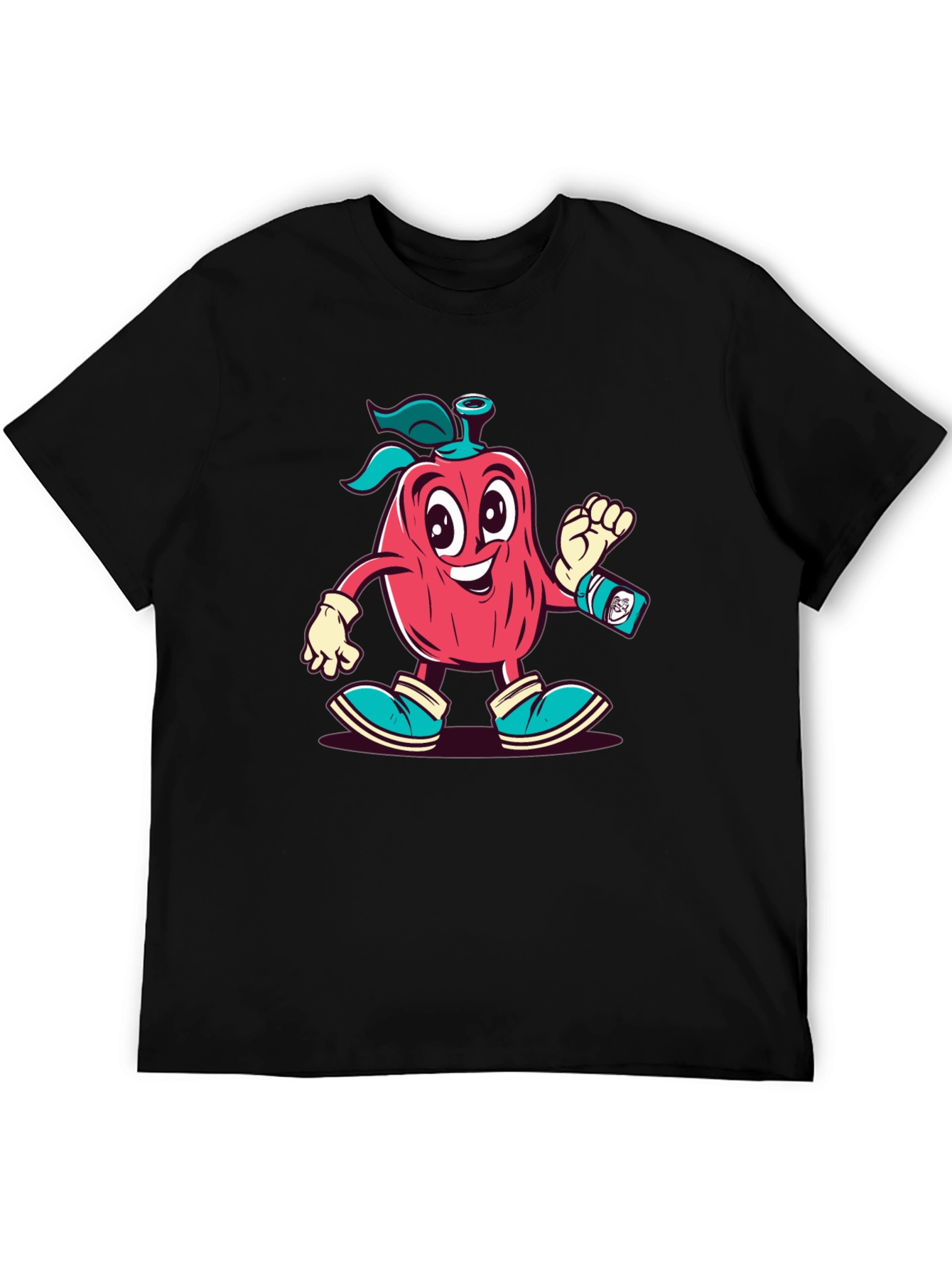 Cartoon Apple Character Black T-Shirt