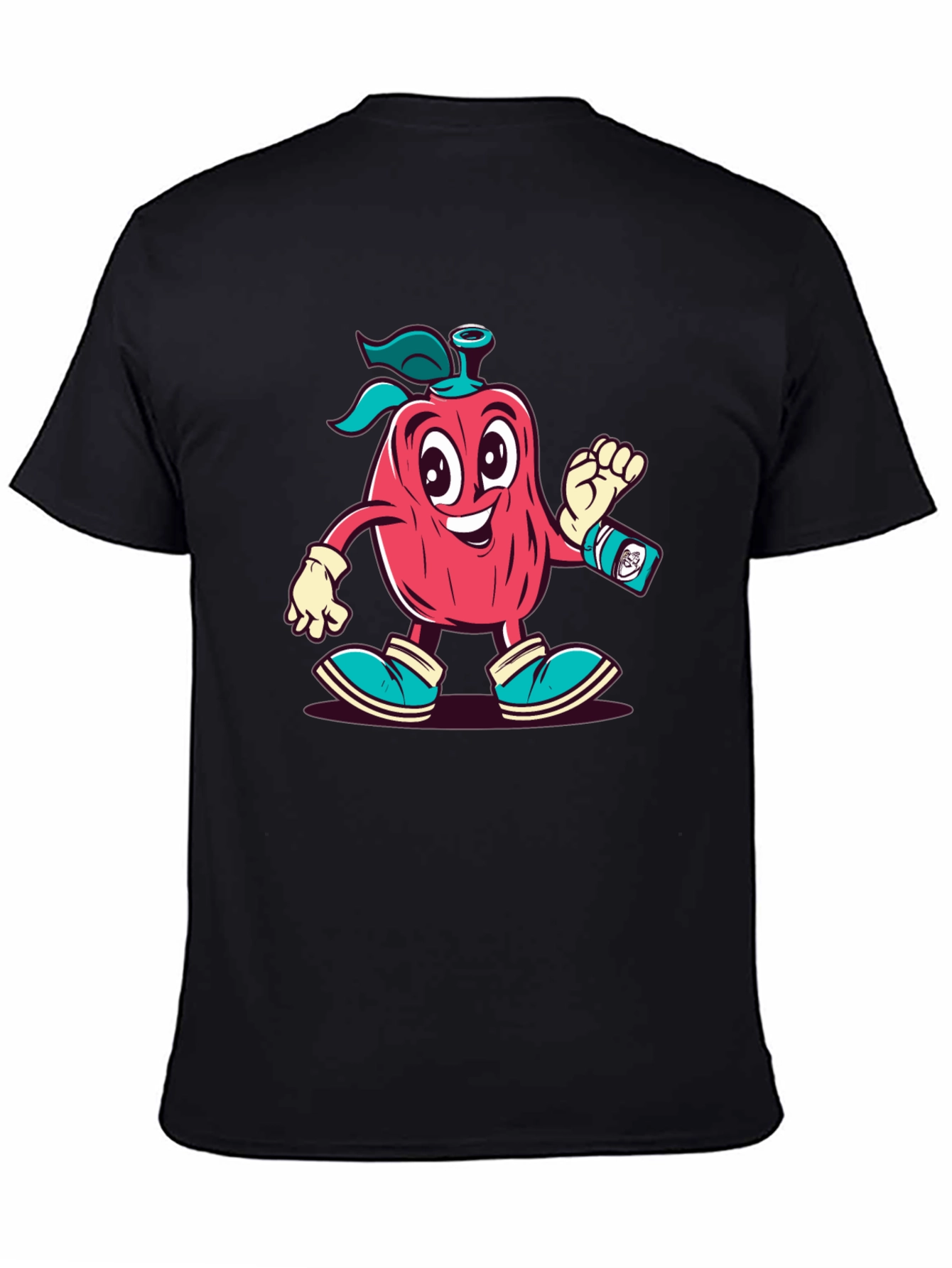 Cartoon Apple Character Black T-Shirt