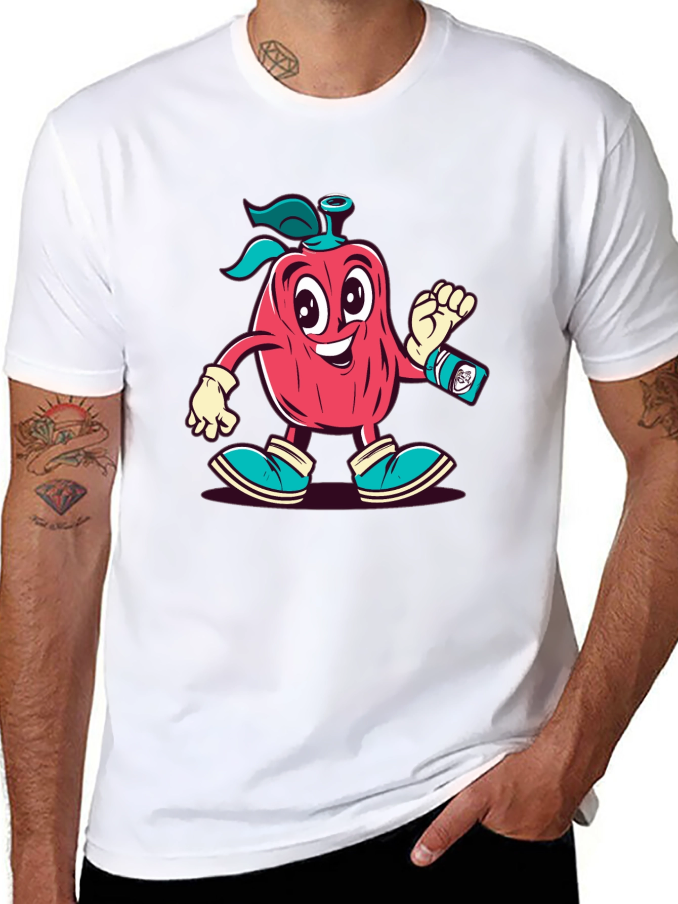 Cartoon Apple Character Black T-Shirt