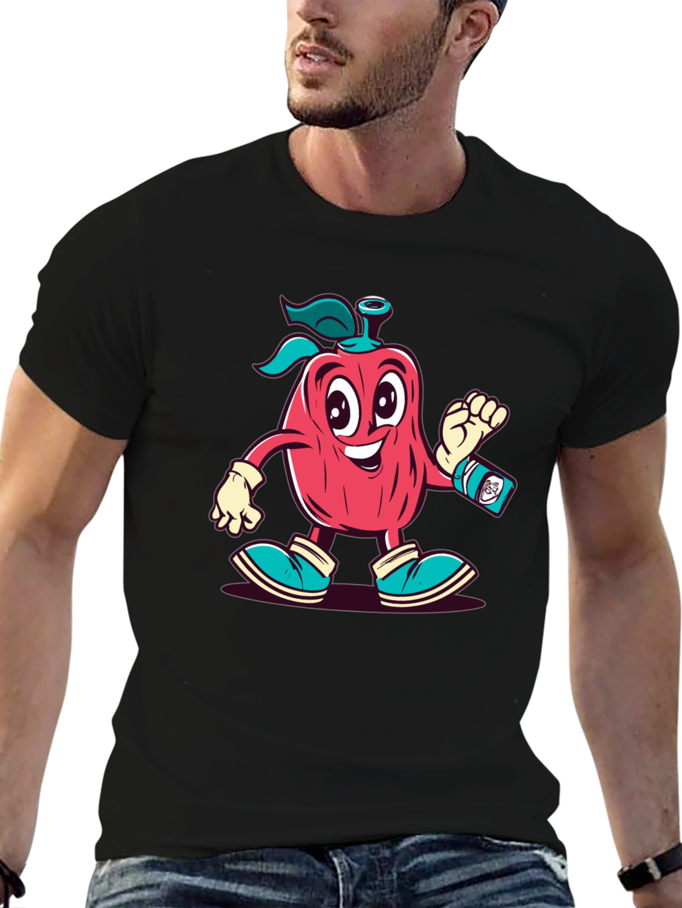 Cartoon Apple Character Black T-Shirt