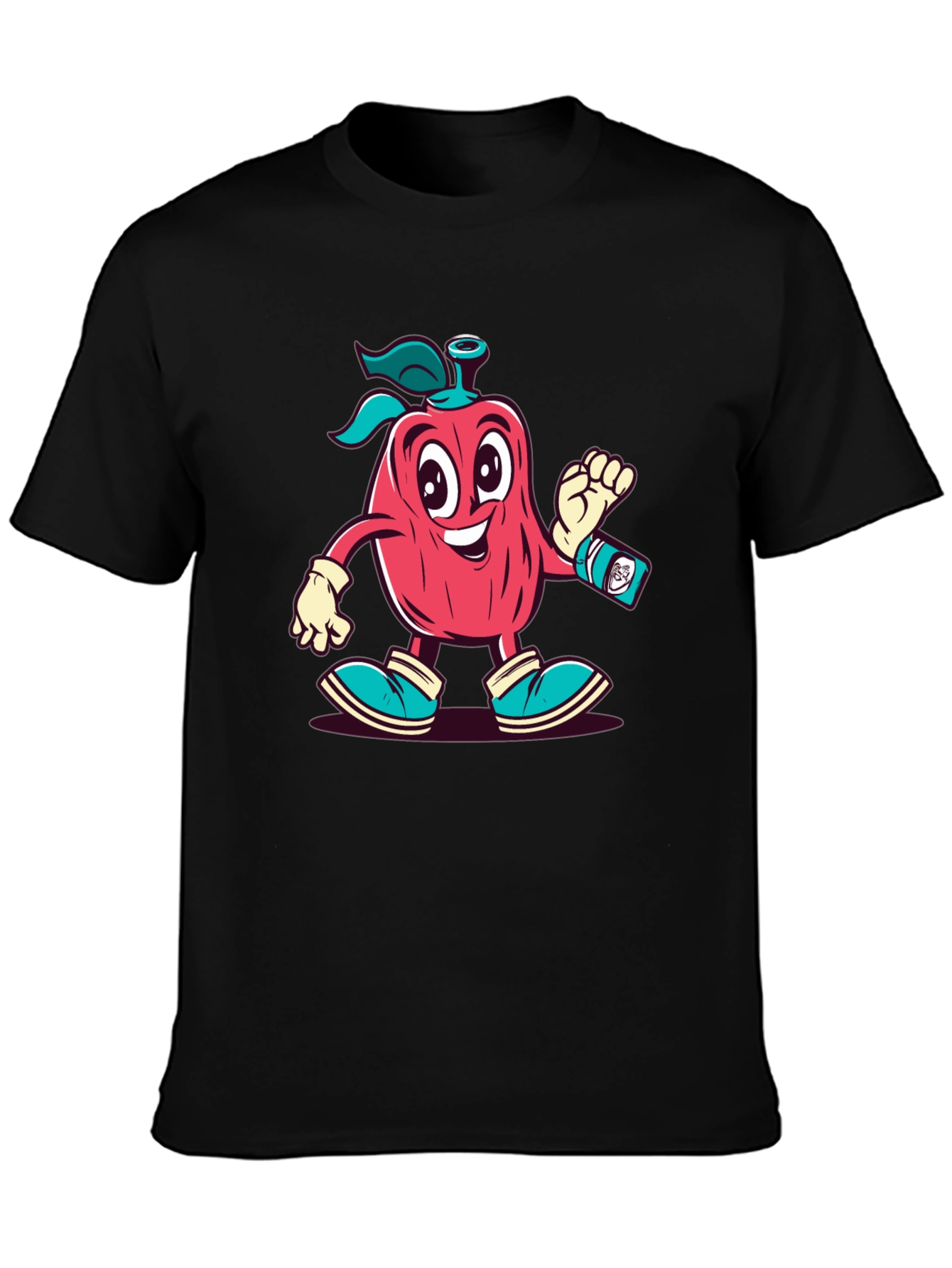 Cartoon Apple Character Black T-Shirt