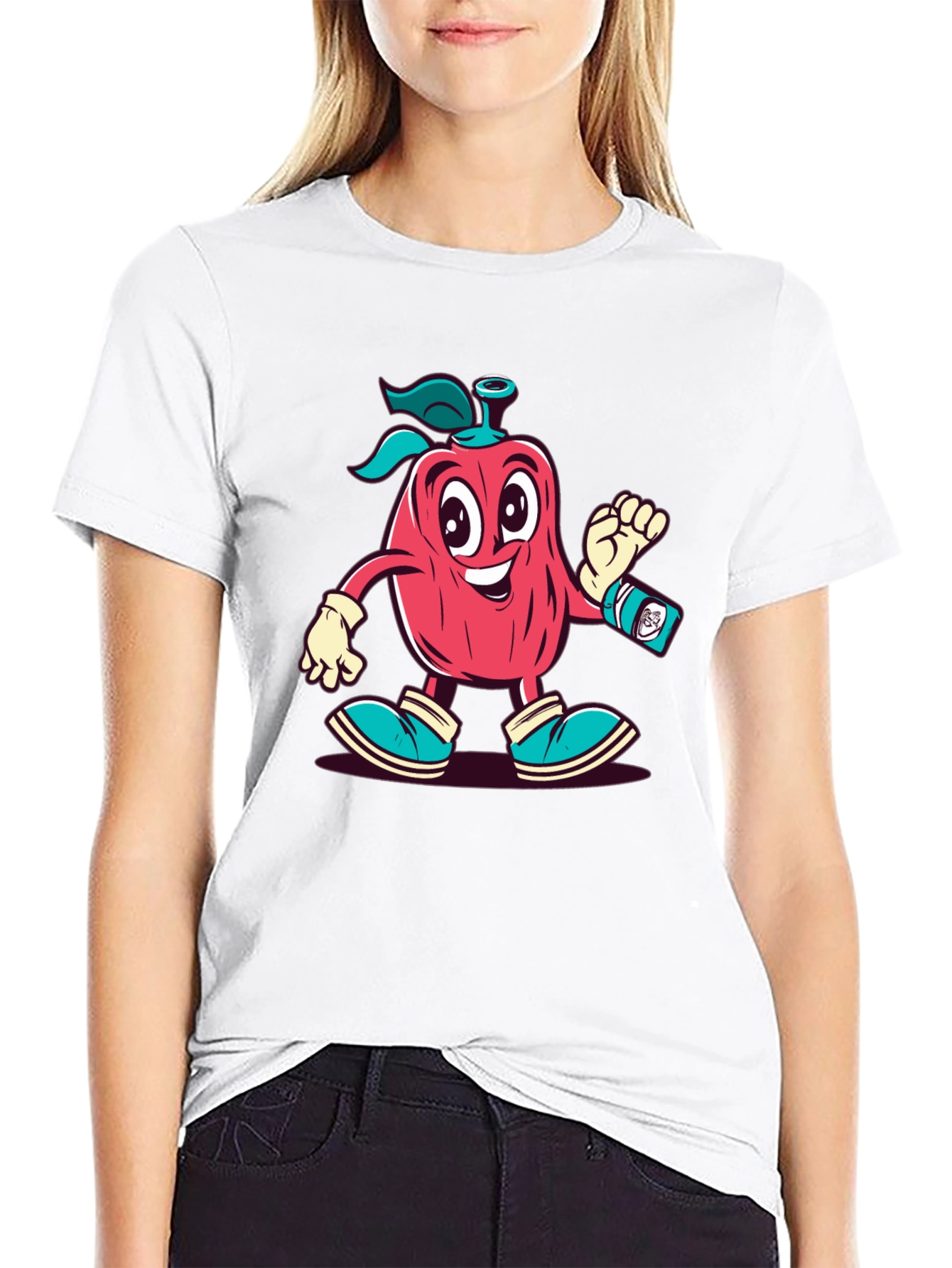 Cartoon Apple Character Black T-Shirt