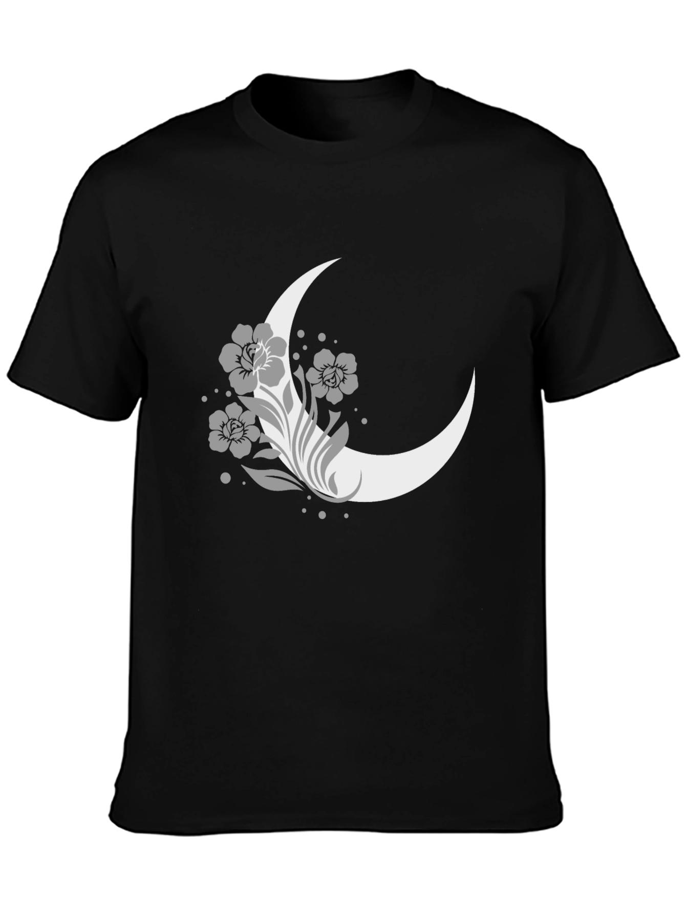 Floral Moon Graphic Tee - Casual Black T-Shirt