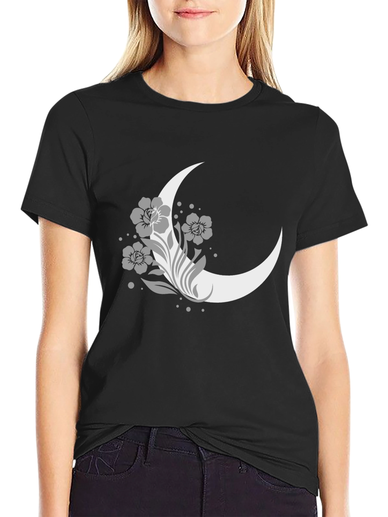 Floral Moon Graphic Tee - Casual Black T-Shirt