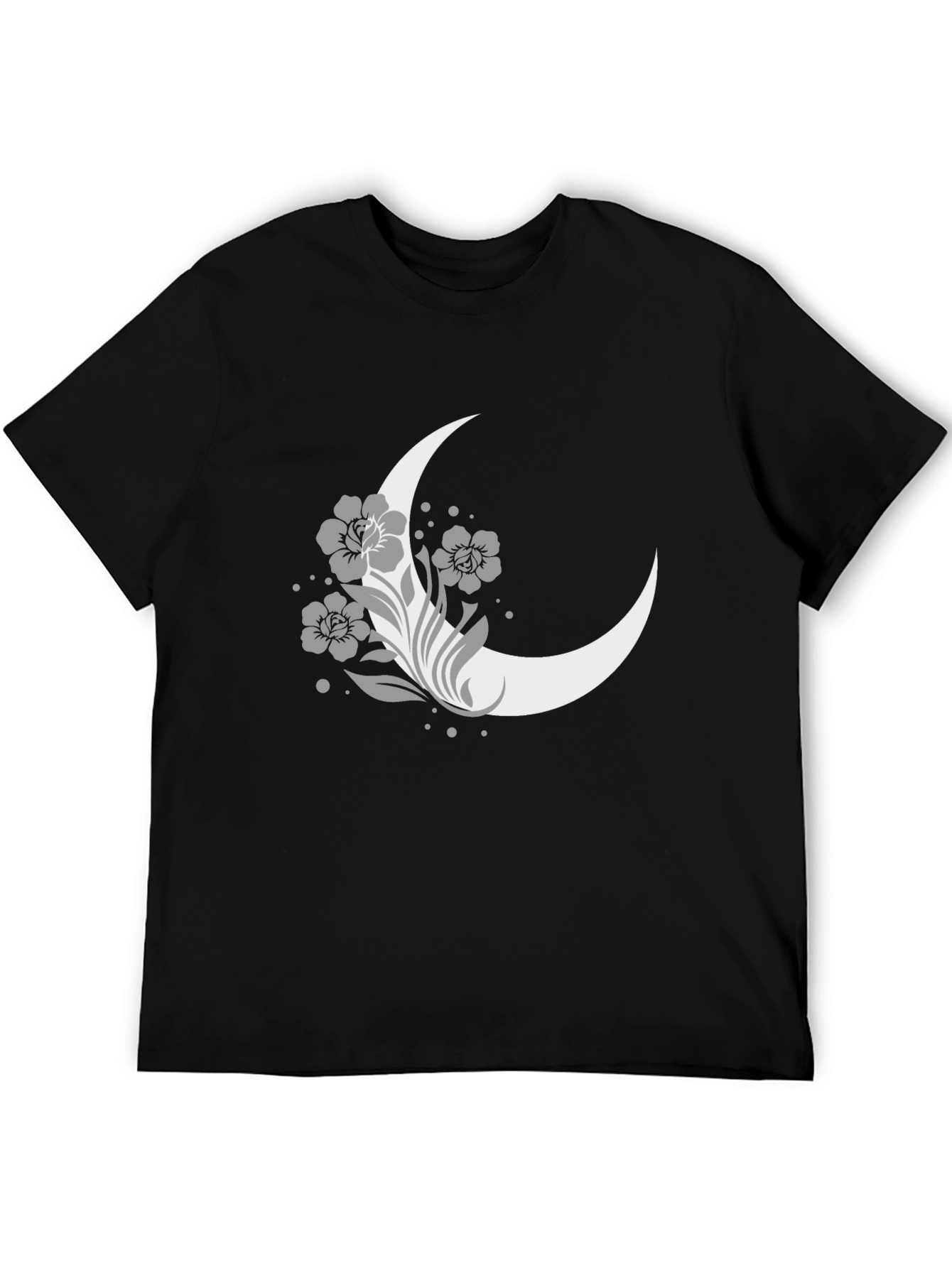 Floral Moon Graphic Tee - Casual Black T-Shirt