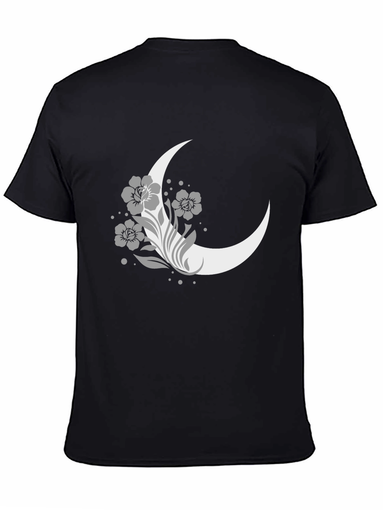 Floral Moon Graphic Tee - Casual Black T-Shirt
