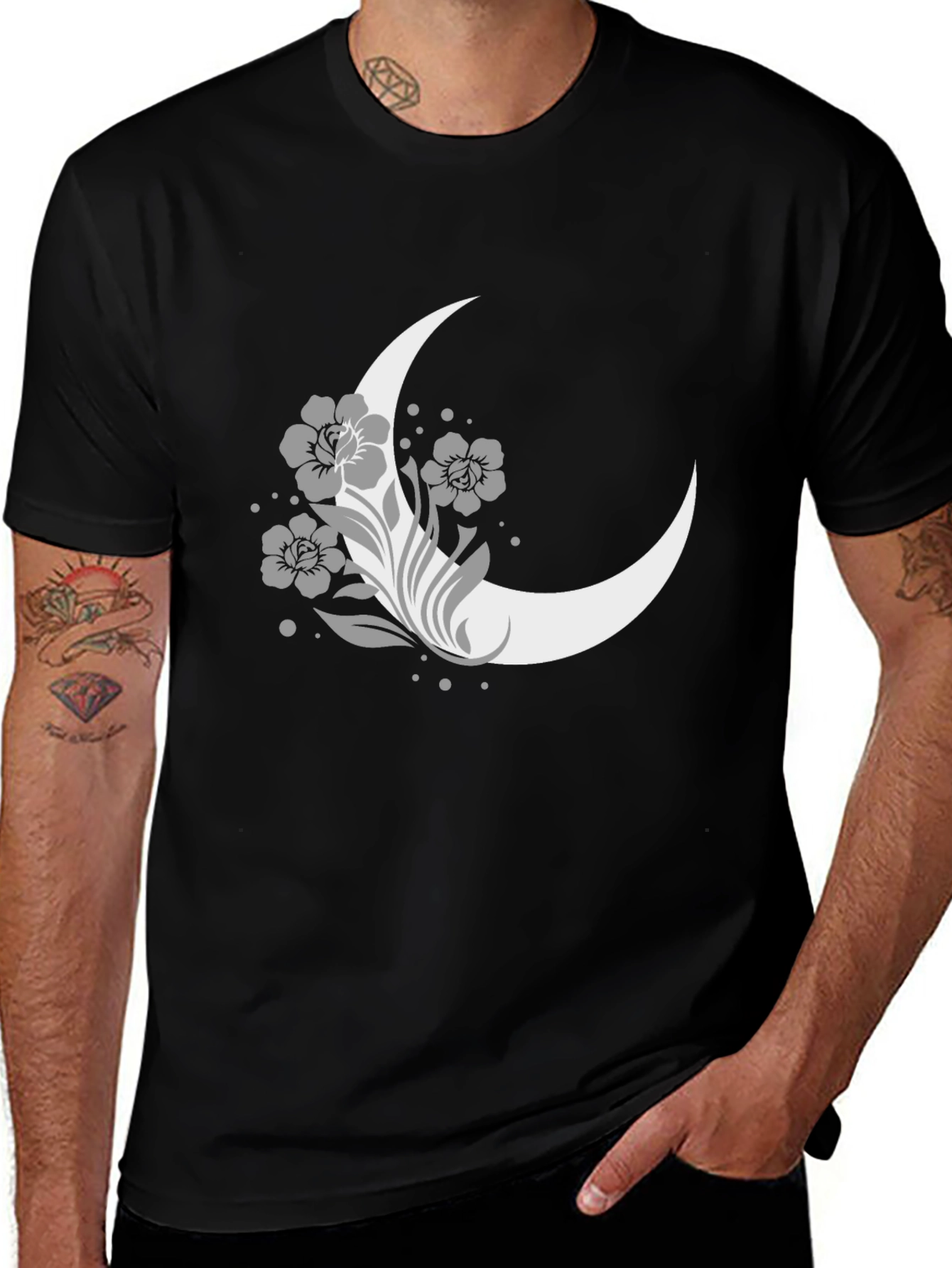 Floral Moon Graphic Tee - Casual Black T-Shirt