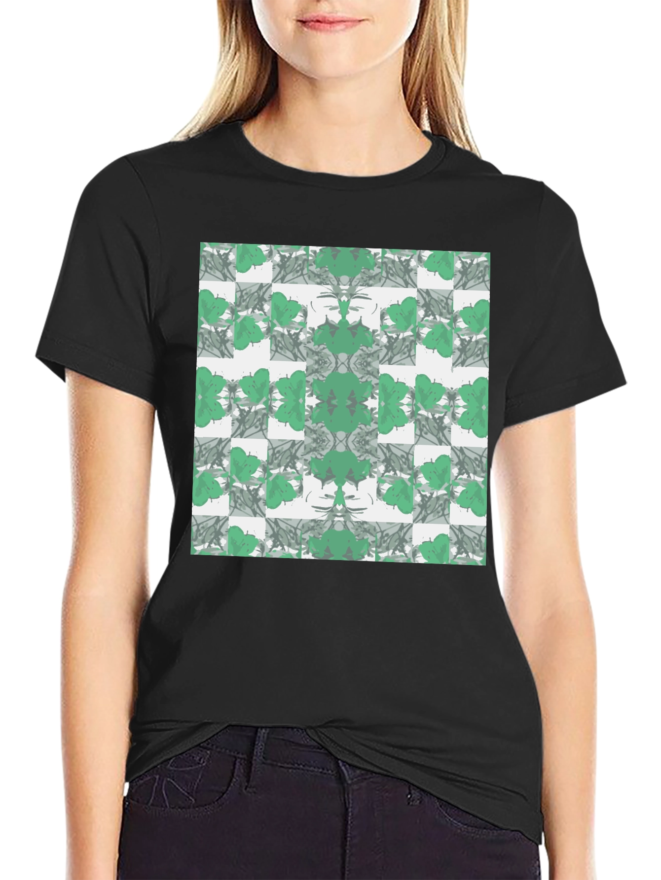 Abstract Green Floral Pattern Black T-Shirt