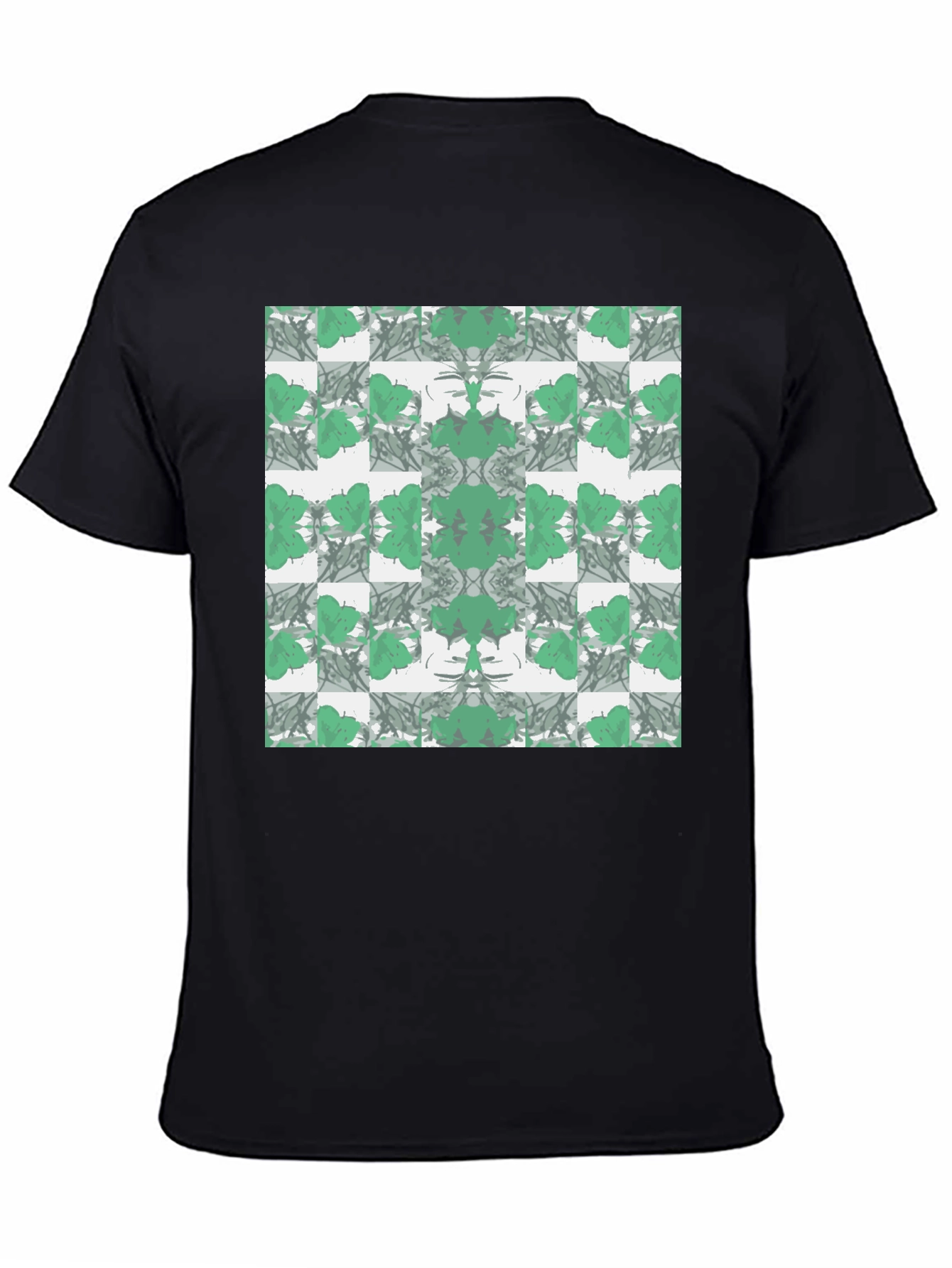 Abstract Green Floral Pattern Black T-Shirt