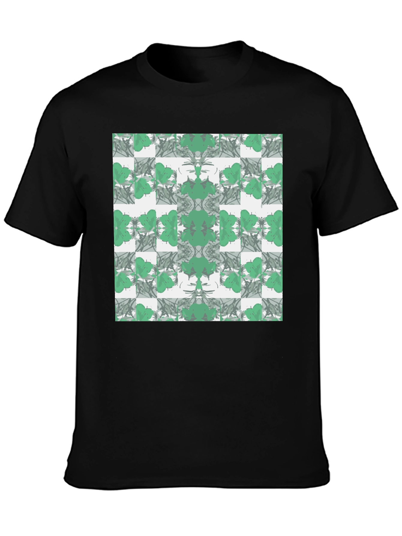 Abstract Green Floral Pattern Black T-Shirt