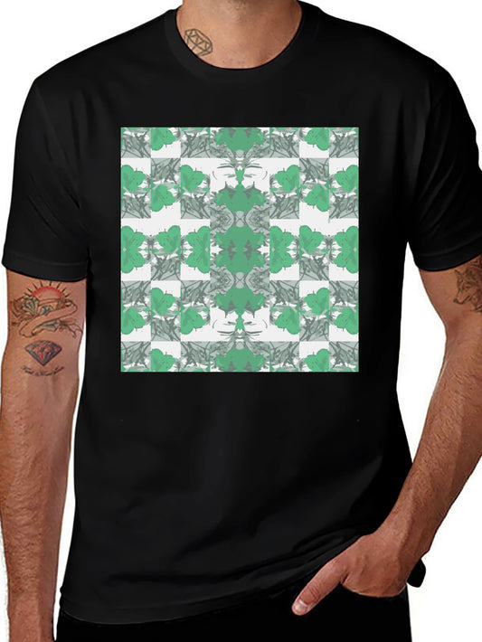 Abstract Green Floral Pattern Black T-Shirt