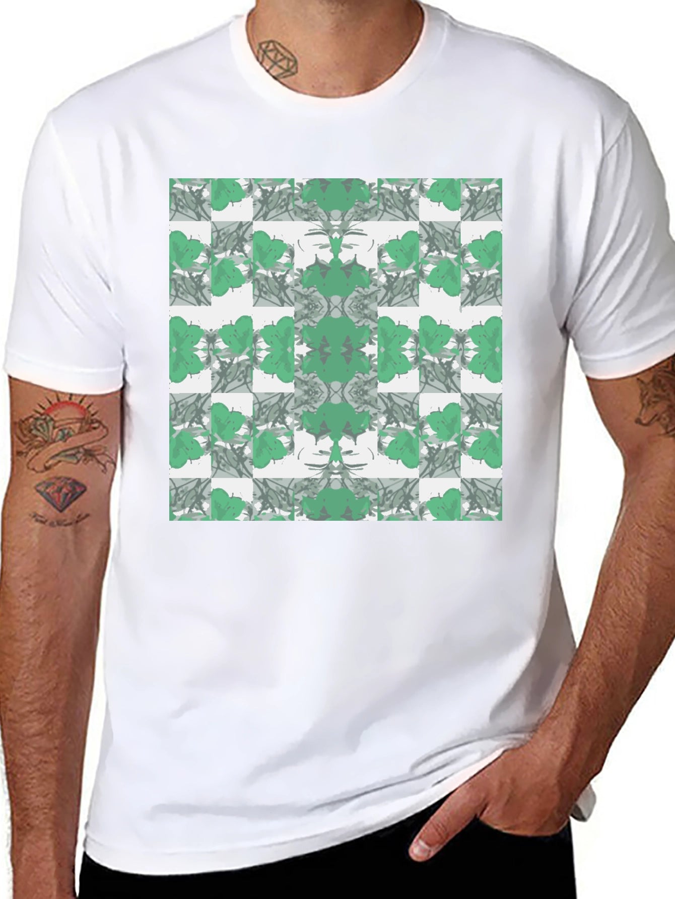 Abstract Green Floral Pattern Black T-Shirt
