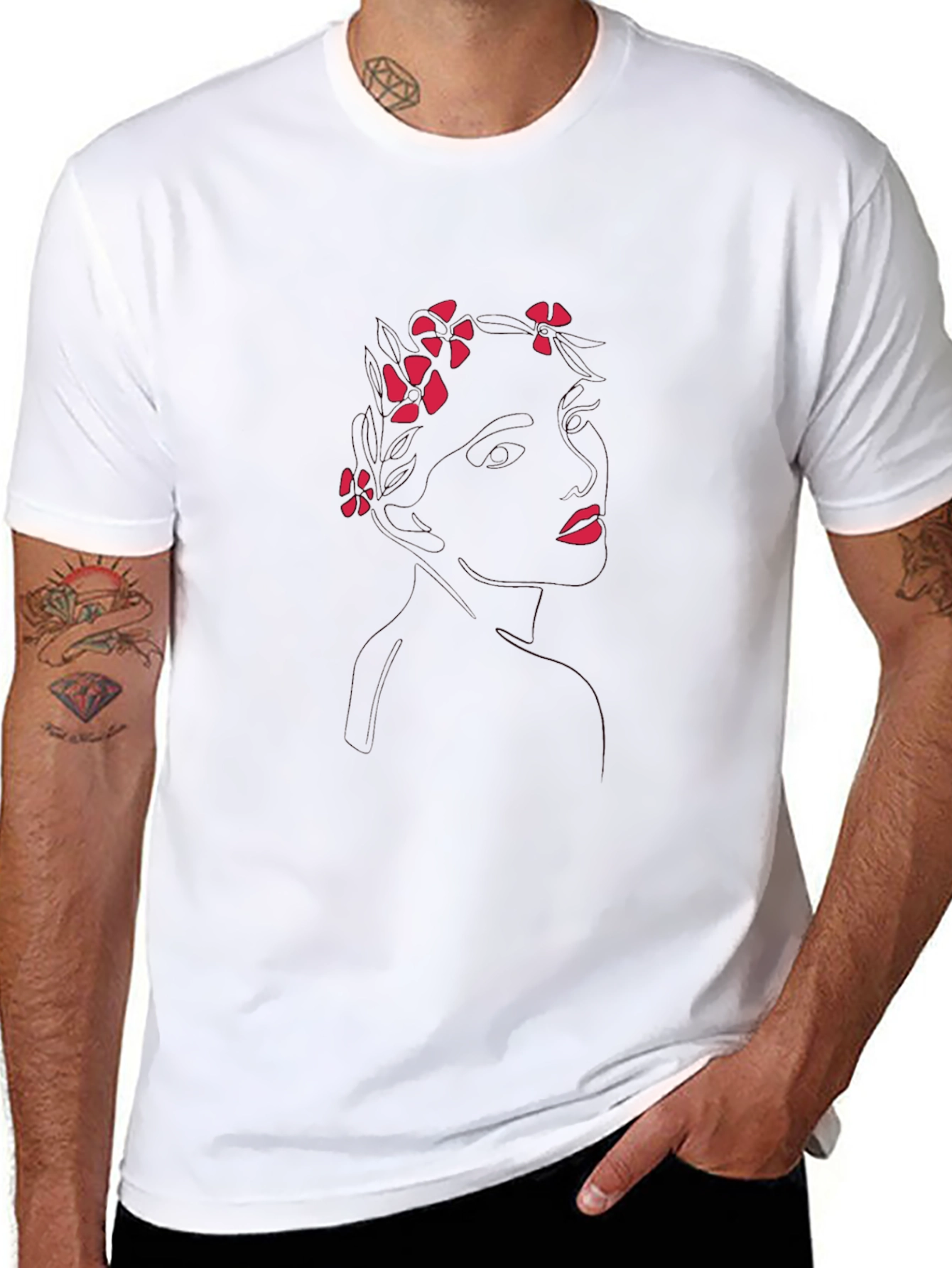 Floral Line Art Black T-Shirt